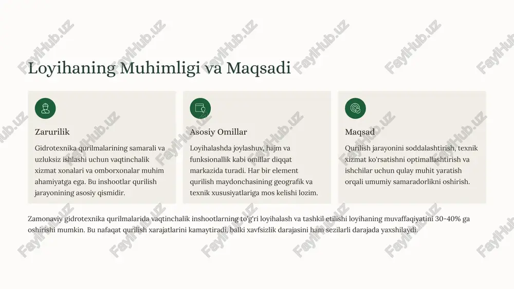 zlarni saqlash omborxonalar qurilish jarayonida materiallarning xavfsiz saqlanishi va tez topilishini ta'minlaydi. to'g'ri tashkil etilgan ombor tizimi qurilish ishlari samaradorligini sezilarli darajada oshiradi va material yo'qotishlarini kamaytirishga yordam beradi. himoya va saqlash qurilish materiallarining namlik, quyosh nurlari va mexanik shikastlanishlardan himoyalanishi muhim. maxsus javonlar va konteynerlar ishlatiladi. strategik joylashuv omborxonalar qurilish maydonchasiga yaqin, ammo ishchi zonalarga xalaqit bermaydigan joyda bo'lishi kerak. yo'l va transportga qulay kirish muhim. hajm hisoblash ombor hajmi qurilish bosqichlariga, materiallar hajmiga va saqlash muddatiga mos kelishi lozim. zaxira joy 15-20% bo'lishi tavsiya etiladi. zamonaviy tizimlar avtomatlashtirish, monitoring va inventarizatsiya tizimlari omborxona samaradorligini oshiradi va xatoliklarni kamaytiradi. 4 loyihalashda e'tibor beriladigan asosiy me'yorlar 01 qurilish normativlari o'zbekiston respublikasining qurilish me'yorlari va standartlari (qmq va shnq) qat'iy rioya qilinishi shart. barcha vaqtinchalik inshootlar davlat standartlariga mos kelishi kerak. 02 ekologik talablar atrof-muhitga ta'sirni kamaytirish zamonaviy qurilishning asosiy tamoyilidir. chiqindilarni qayta ishlash va tabiiy resurslarni tejash dasturlari amalga oshiriladi. …