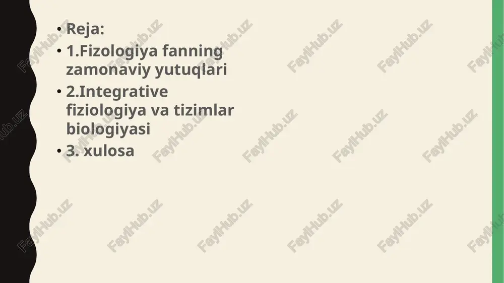 oqda. avtofagiya mexanizmlari hujayra o‘zini “tozalash” va shikastlangan qismlarni utilizatsiya qilish qobiliyati o‘rganildi. 2016-yilda nobel mukofoti (yoshinori ohsumi) shu yo‘nalish uchun berilgan 3. neyrofiziologiya va miyada yangiliklar miya plastiklik mexanizmlari miya neyronlari nafaqat bolalikda, balki butun umr davomida qayta tashkil topishi mumkinligi isbotlandi. reabilitatsiya, insultdan keyingi davolash va yangi ko‘nikmalarni o‘rganishda qo‘llanmoqda. optogenetika neyronlarni maxsus yorug‘lik bilan boshqarish texnologiyasi. miya faoliyatini aniq nazorat qilish va parkinson, epilepsiya kabi kasalliklarni davolash imkonini berdi. miya–kompyuter interfeyslari (bci) odam miyasi signallarini to‘g‘ridan-to‘g‘ri kompyuter yoki protezlarga uzatish texnologiyasi. elon musk’ning neuralink loyihasi paraplegik bemorlarga qo‘l-oyoq funksiyasini tiklash imkoniyatini bermoqda 4. yurak va nafas olish tizimi yurak tizimi (qon aylanish tizimi) yurak – mushakli organ bo‘lib, qon nasosi vazifasini bajaradi. qon tomirlar orqali butun tana hujayralariga kislorod va oziq moddalarni yetkazib beradi. arteriyalar – qonni yurakdan olib chiqadi, venalar – yurakka qaytaradi. qon aylanish ikki katta doiradan iborat: katta doira – yurakdan tana organlariga va …