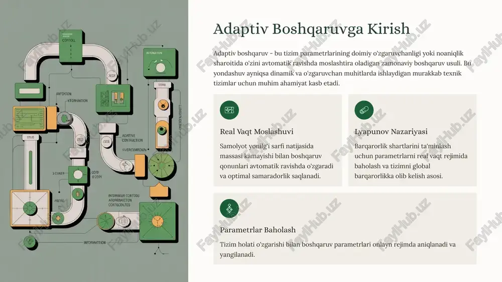 inishida beriladi. xatolik tahlili real tizim va ideal model chiqqishlari orasidagi farq doimiy ravishda o'lchanadi va tahlil qilinadi. parametr yangilash xatolikni minimallashtirish uchun boshqaruv parametrlari maxsus adaptatsiya qonunlari asosida yangilanadi. mrac elektron quvvat tizimlari, robototexnika, aviatsiya va avtomobil sanoatida keng qo'llaniladi. ayniqsa, tizim parametrlari vaqt o'tishi bilan o'zgaradigan holatlarda bu usul yuqori samaradorlik ko'rsatadi. 4 mustahkam adaptiv boshqaruvning asosiy g'oyalari mustahkam adaptiv boshqaruv ikki kuchli yondashuvning eng yaxshi tomonlarini birlashtirib, noaniqliklarga chidamlilik va real vaqtda moslashish qobiliyatini ta'minlaydi. bu nazariya zamonaviy muhandislik tizimlarida muhim o'rin tutadi. 01 parametr noaniqliklarini aniqlash tizimda mavjud bo'lgan noma'lum yoki o'zgaruvchan parametrlarni onlayn rejimda o'lchash va aniqlash jarayoni doimiy amalga oshiriladi. 02 real vaqt baholash aniqlangan noaniqliklarni matematik usullar yordamida baholash va ularning tizim ishlashiga ta'sirini hisoblash amalga oshiriladi. 03 kompensatsiya mexanizmi baholangan noaniqliklarni boshqaruv signallariga kiritilgan o'zgarishlar orqali kompensatsiya qilish va tizimni barqarorlashtirishga erishiladi. 04 barqarorlik tahlili global barqarorlik va mustahkamlik chegaralarini lyapunov funksiyalari …