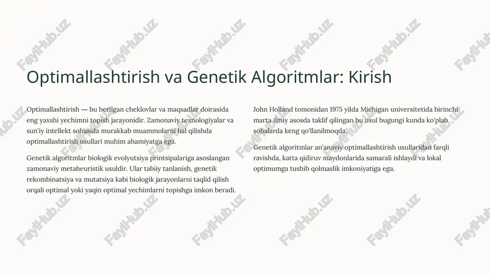 b eng yaxshi xromosomalar tanlanadi (tanlov), keyin ular o'zaro kombinatsiyalanadi (krossover), va nihoyat tasodifiy o'zgarishlar kiritiladi (mutatsiya). bu jarayon natijasida yangi, ko'pincha yaxshiroq avlod paydo bo'ladi. tanlov eng yaxshi fitness qiymatiga ega xromosomalar keyingi avlodga o'tish uchun tanlanadi krossover tanlangan ota-ona xromosomalardan yangi farzandlar yaratiladi mutatsiya tasodifiy o'zgarishlar kiritib, populyatsiyada xilma-xillik saqlanadi yangi avlod yangi populyatsiya eski populyatsiyani almashtiradi va jarayon takrorlanadi genetik algoritm bosqichlari boshlang'ich populyatsiyani yaratish tasodifiy yoki maqsadli usulda dastlabki yechimlar to'plami generatsiya qilinadi. bu bosqich algoritmning qidiruv maydonini belgilaydi. fitness qiymatini hisoblash har bir xromosoma uchun fitness funksiyasi qiymati hisoblanadi. bu qiymat yechimning maqsad funksiyasiga qanchalik yaqinligini ko'rsatadi. eng yaxshi xromosomalarni tanlash yuqori fitness qiymatiga ega bo'lgan xromosomalar tanlash operatori yordamida ajratiladi. ular keyingi avlodning ota-onalari bo'ladi. krossover orqali yangi avlod yaratish tanlangan xromosomalar o'zaro kombinatsiyalanib, yangi yechimlar hosil qilinadi. bu genetik materialning almashuvini ta'minlaydi. mutatsiya bilan xilma-xillikni ta'minlash ba'zi genlarda tasodifiy o'zgarishlar kiritiladi. bu lokal …