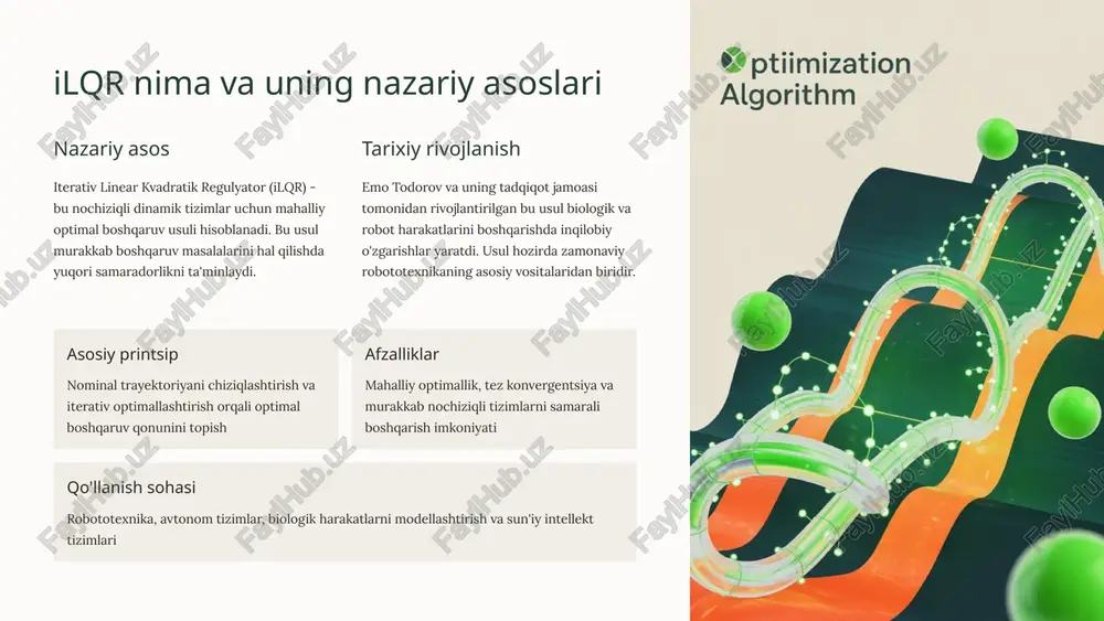 ptimal boshqaruv tushunchasi teskaridan optimal boshqaruv (inverse optimal control, ioc) - bu kuzatilgan boshqaruv qonuni asosida uning orqasidagi xarajat funksiyasini aniqlash jarayonidir. bu usul sun'iy intellekt va robototexnikada muhim o'rin tutadi. kirish ma'lumotlari berilgan boshqaruv qonuni va kuzatilgan tizim harakati ioc jarayoni xarajat funksiyasini tiklash va parametrlarni aniqlash natija tizim maqsadlari va optimallik mezonlarini tushunish lqr tizimlarda boshqaruv qonunidan q va r og'irlik matritsalarini tiklash mumkin. bu jarayon tizimning optimallik mezonlarini aniqlashda asosiy rol o'ynaydi. biologik tadqiqotlar inson harakatining maqsadlarini tushunishda qo'llaniladi. harakat biomexanikasini o'rganish va sun'iy protezlar yaratishda muhim ahamiyatga ega. 4 teskaridan optimal boshqaruvning amaliy misollari 1 insonning muvozanatini boshqarish ieee trans control syst technol (2014) jurnalida e'lon qilingan tadqiqotda insonning robotda o'tirgan holatini boshqarishdagi xarajat funksiyasi aniqlangan. bu tadqiqot biomexanik tizimlarni tushunishda muhim qadam bo'ldi. 2 gradient asosidagi metodlar noaniq va shovqinli ma'lumotlardan foydalanib boshqaruv xarajatlarini baholash uchun gradient asosidagi zamonaviy metodlar ishlab chiqilgan. bu usullar real …