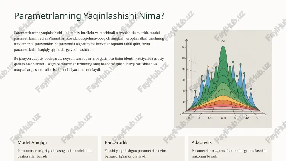 hi mumkin. 3 pe tamoyilining matematik asoslari asosiy printsiplar pe tamoyilining matematik asosi shundan iboratki, kirish signali tizimning barcha ichki holatlarini va parametrlarini "faollashtirishi" kerak. matematikada bu informatsion matritsaning to'liq rangli bo'lishi sharti bilan ifodalanadi. pe signali tizimning barcha parametrlarini noyob aniqlash imkonini beradi va bu shartning bajarilishi adaptiv algoritmlarning muvaffaqiyatli yaqinlashishini kafolatlaydi. 01 signal boylik sharti kirish signali tizimning barcha dinamik xususiyatlarini qamrab olishi kerak 02 informatsion matritsaning rangi yig'ilgan ma'lumotlar matritsasi to'liq rangga ega bo'lishi zarur 03 noyob parametrlar pe sharti parametrlarning yagona va aniq yechimini ta'minlaydi ilmiy yutuq: petreczky va bako (2023) tadqiqotlarida pe uchun eng zaif yetarli shartlar aniqlanib, amaliy qo'llashni osonlashtirdi va nazariyaviy asoslar mustahkamlandi. 4 sun'iy intellekt va pe: aloqa sun'iy intellekt tizimlarida parametrlarni adaptiv o'rganish va doimiy takomillashtirish jarayonida pe tamoyili markaziy rol o'ynaydi. neyron tarmoqlar, mashinali o'rganish algoritmlari va adaptiv boshqaruv tizimlarida pe sharti muvaffaqiyatning kaliti hisoblanadi. ma'lumotlar xilma-xilligi o'quv ma'lumotlari to'plami …