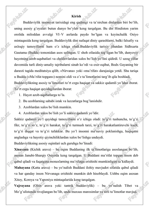 opgan inson deb qabul qiladi va faqatgina monaxlarning ma’rifatga erishishi mumkinligini ta’kidlaydi. mahayana (katta arava) – bu yo’nalish buddani ilohiy mavjudot sifatida qabul qiladi va har qanday inson nirvanaga erishishi mumkin deb hisoblaydi. ushbu oqim asosan xitoy, koreya va yaponiya mintaqalarida keng tarqalgan. vajrayana (oltin arava yoki tantrik buddaviylik) – bu yo’nalish tibet va mo’g’ulistonda rivojlangan bo’lib, unda maxsus marosimlar va sirli ta’limotlar mavjud. buddaviylikning tarixiy tarqalishi juda keng bo’lib, u dastlab hindiston va uning atrofidagi hududlarda rivojlangan, so’ngra janubi-sharqiy osiyo, xitoy, koreya, yaponiya va markaziy osiyoga tarqalgan. buddaviylikning ta’siri san’at, madaniyat, falsafa va axloqiy tamoyillarda ham sezilarli bo’lib, u ko’plab davlatlarning an’analari va huquqiy tizimlariga ta’sir o’tkazgan. buddaviylikning muhim manbalari asosan buddaning ta’limotlari va uning izdoshlari tomonidan to’plangan bitiklardan iborat. asosiy manbalar quyidagilardan tashkil topgan: tripitaka – buddaviylikning eng qadimgi yozma manbasi bo’lib, uch qismdan iborat: vinaya pitaka (monaxlarning hayot qoidalari), sutta pitaka (buddaning nutqlari) va abhidhamma pitaka (falsafiy …