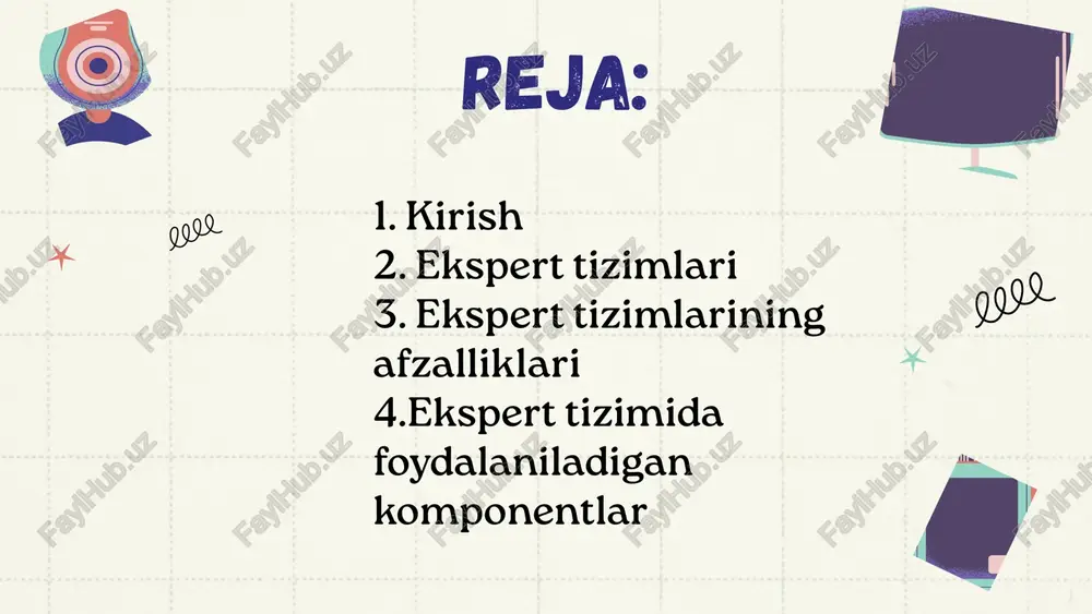 adi, basho-ratlashga o'rgatadi, sharhlab beradi va hokazo ekspert tizimining afzalliklari ekspert tizimining boshqa axborot tizimlaridan afzalliklari quyida-gicha: yaqin davrlargacha ehmda echish qiyin yoki umuman echib bo'lmaydigan deb sanaluvchi murakkab masalalarning yangi sinfini echish, optimallashtirish va (yoki) bahosini olish imkoniyati; dasturchi bo'lmagan foydalanuvchiga(eng oxiridagi foydalanuvchilar) o'z tilida suhbat yuritish va kompyuterdan samarali foydalanish uchun axborotni vizualizatsiyalash usullarini qo'llash imkoniyatini ta'minlash; yanada ishonchli va malakali xulosa chiqarish yoki qaror qabul qilish uchun ekspert tizimini mustaqil o'rganish, bilimlardan foydalanish qoidalari, ma'lumotlar, bilimlarning to'planishi; foydalanuvchi axborot yo'qligi tufayli yoki axborotning haddan ziyod rang-barangligi, yoki xatto kompyuter yordamida ham odatdagi qarorni qabul qilishning cho'zilib ketilishi tufayli echa olmaydigan savollar yoki muammolarni hal etish; takomillashgan asboblar va ushbu tizimdagi foydalanuvchi mutaxassisning shaxsiy tajribasidan foydalanish hisobiga yakka tartibdagi ixtisoslashgan ekspert tizimlarini yaratish imkoniyati; ekspert tizimining asosi qaror qabul qilish jarayonini shakllantirish maqsadida tuzilgan bilimlar majmui (bilimlar bazasi) sanaladi. eksport tizimida foydalaniladigan komponentlar axborot texnologiyasining ekspert tizimida foydalaniladigan …