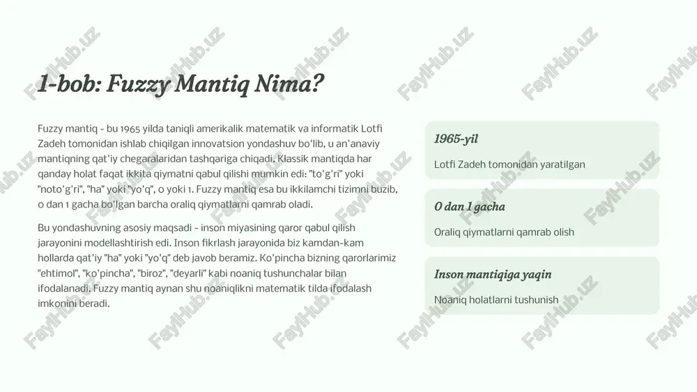 ziyatlarni ancha aniq tasvirlash imkonini beradi. qisman a'zolik fuzzy mantiqda har qanday element bir nechta to'plamlarga turli darajada tegishli bo'lishi mumkin. masalan, 24 gradus harorat "o'rtacha" to'plamiga 70% va "biroz issiq" to'plamiga 30% tegishli bo'lishi mumkin. murakkab masalalar yechimi bu yondashuv ayniqsa murakkab va noaniq muammolarni hal qilishda katta qulaylik yaratadi. tibbiy diagnostika, moliyaviy prognozlash, ob-havo bashorati kabi sohalarda fuzzy mantiq o'zining samaradorligini isbotlagan. fuzzy mantiqning yana bir muhim afzalligi shundaki, u ekspert bilimlarini to'g'ridan-to'g'ri tizimga kiritish imkonini beradi. tajribali mutaxassislar o'z bilimlarini "agar... bo'lsa, unda..." formatidagi oddiy qoidalar ko'rinishida ifodalashlari mumkin, va bu qoidalar fuzzy tizimda samarali ishlatiladi. 3 fuzzy mantiq - inson miyasining qaror qabul qilish usuli inson miyasi va kompyuter mantiqining fundamental farqi shundaki, biz noaniq ma'lumotlar bilan ishlashda ustamiz, kompyuterlar esa an'anaviy ravishda faqat aniq qiymatlar bilan ishlaydi. fuzzy mantiq bu ikkalasini birlashtiruvchi ko'prik vazifasini o'taydi. 4 2-bob: fuzzy mantiq arxitekturasi fuzzy mantiq tizimi to'rtta asosiy …