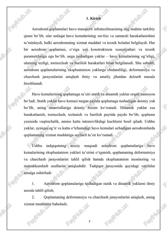 lamaning deformatsiya va charchash jarayonlarini aniqlash, uning xizmat muddatini baholash; 3. qoplamaning ekspluatatsion holatini monitoring qilish va mustahkamlash texnologiyalarini ishlab chiqish. tadqiqot metodikasi bir nechta asosiy yo‘nalishlarni o‘z ichiga oladi. birinchidan, nazariy tahlil usuli qo‘llanilib, aerodrom qoplamalariga tushadigan yuklarning fizik va mexanik xususiyatlari aniqlanadi. ikkinchidan, standartlarga asoslangan baholash metodlari orqali qoplamaning yuk ko‘tarish qobiliyati va xizmat muddati hisoblanadi. uchinchidan, kompyuter modellashtirish va laboratoriya sinovlari yordamida qoplamaning turli ekspluatatsion sharoitlarda ishlash samaradorligi aniqlanadi. ushbu metodika aerodrom qoplamalarining chidamliligini aniq va ishonchli baholash imkonini beradi hamda amaliy jihatdan aerodromlarning texnik xizmat ko‘rsatish va mustahkamlash rejasini ishlab chiqishda muhim ahamiyatga ega. shuningdek, tadqiqot natijalari aerodrom qurilishi va rekonstruksiyasi jarayonida material tanlash, qatlam qalinligini belgilash, drenaj tizimini loyihalash va ekspluatatsion monitoring tizimini joriy qilishda amaliy tavsiyalar beradi. aerodrom qoplamalariga havo kemalarining ta’sirini chuqur tahlil qilish orqali nafaqat xavfsizlikni oshirish, balki aerodromning xizmat muddatini uzaytirish va ta’mirlash xarajatlarini kamaytirish ham mumkin. shu sababli, aerodrom qoplamalarining …
