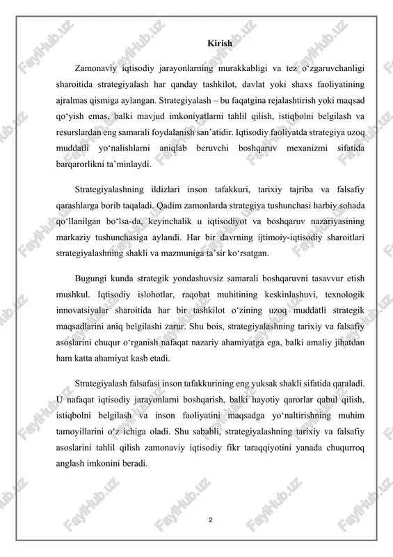 sodiy fikr taraqqiyotini yanada chuqurroq anglash imkonini beradi. 2. strategiyalash jarayonining nazariy asoslari va shakllanish omillari strategiyalash jarayonining nazariy asoslari iqtisodiy boshqaruv, rejalashtirish va tahlil fanlari bilan uzviy bog‘liq bo‘lib, ularning har biri strategik fikrlash tamoyillarini shakllantirishda muhim o‘rin tutadi. strategiyalash nazariyasi, avvalo, tizimli yondashuvga tayanadi, ya’ni korxona yoki tashkilotning faoliyati yagona, o‘zaro bog‘liq elementlar tizimi sifatida qaraladi. bu yondashuvda strategiya — maqsad, vazifalar, resurslar, tashqi muhit va ichki imkoniyatlar o‘rtasidagi muvozanatni ta’minlovchi asosiy boshqaruv vositasi sifatida talqin etiladi. strategiyalash jarayonining shakllanishida bir nechta nazariy konsepsiyalar muhim rol o‘ynaydi. ulardan biri klassik boshqaruv maktabi bo‘lib, bu yo‘nalishda strategiya qat’iy rejalashtirilgan, aniq bosqichlarga bo‘lingan faoliyat sifatida ko‘riladi. fridrix teylor, genri fayol kabi klassik nazariyotchilar strategik rejalashtirishni boshqaruvning markaziy elementi deb bilganlar. ularning fikricha, har qanday tashkilot oldiga qo‘yilgan uzoq muddatli maqsadlarga faqat ilmiy asoslangan rejalashtirish orqali erishish mumkin. keyingi davrda, xususan xx asr o‘rtalaridan boshlab, strategiyalash jarayoniga inson omili, tashqi iqtisodiy …