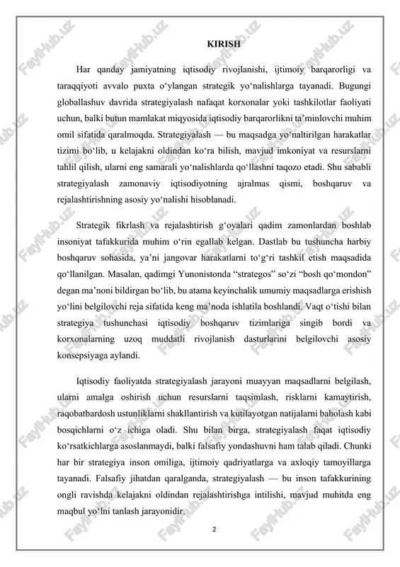 chunki har bir strategiya inson omiliga, ijtimoiy qadriyatlarga va axloqiy tamoyillarga tayanadi. falsafiy jihatdan qaralganda, strategiyalash — bu inson tafakkurining ongli ravishda kelajakni oldindan rejalashtirishga intilishi, mavjud muhitda eng maqbul yo‘lni tanlash jarayonidir. tarixan turli davrlarda strategik fikrlash va rejalashtirish tushunchalari o‘zgarib borgan. sanoat inqilobidan so‘ng strategiya iqtisodiy jarayonlarda muhim o‘rin egallay boshladi. xx asrning ikkinchi yarmida esa korxonalarning raqobatbardoshligini ta’minlash, bozor sharoitida omon qolish va rivojlanish uchun strategik boshqaruv tizimlari keng joriy qilindi. ayniqsa, yirik kompaniyalar va davlatlar o‘z iqtisodiy siyosatida uzoq muddatli strategik dasturlarni ishlab chiqishga katta e’tibor bera boshladi. bugungi kunda strategiyalashning tarixiy va falsafiy asoslarini chuqur o‘rganish iqtisodiyotni samarali boshqarish, yangi g‘oyalar yaratish va innovatsion yondashuvlarni ishlab chiqishda muhim nazariy poydevor vazifasini bajaradi. strategiyalash falsafasi inson tafakkurining rejalashtirish, tahlil qilish va qaror qabul qilish jarayonidagi ijodiy va ongli yondashuvini aks ettiradi. shu boisdan, ushbu mavzuning o‘rganilishi iqtisodiy nazariya, boshqaruv psixologiyasi va falsafa fanlari kesishgan nuqtada muhim …