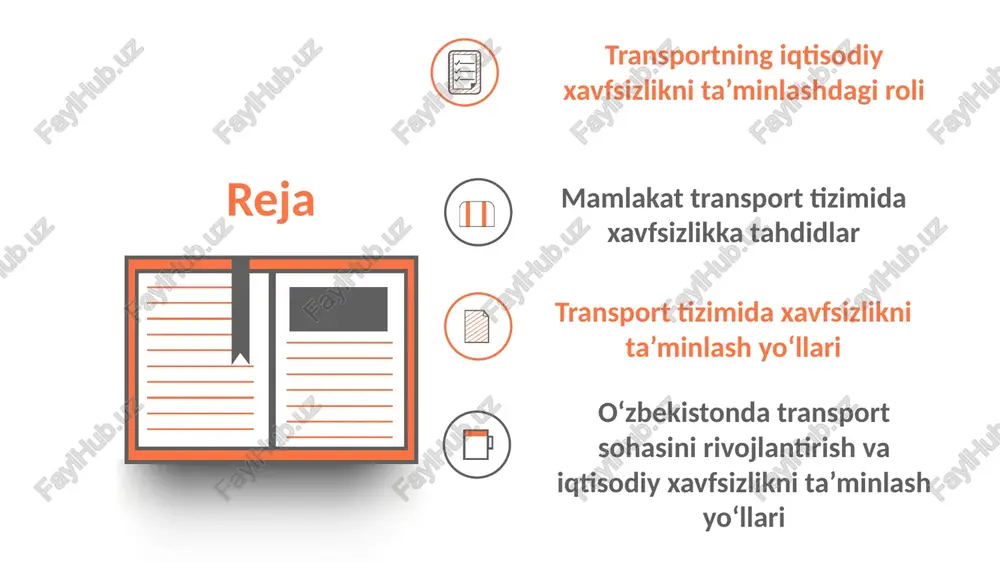h dastaklari bo‘lib, soha faoliyatining me’yoriy huquqiy bazasi, ichki nazorat va audit tizimining amal qilishi, huquq buzilishini profilaktikasi, rsiklarini boshqarish, tarmoqni rivojlantirishning uzoq muddatli strategiyasini amalga oshirish hisoblanadi. 1 02 mamlakat transport tizimida xavfsizlikka tahdidlar tashish va o‘tkazish quvvatlarining past darajaliligi harakatlanuvchi tarkibning texnik darajasining pastligi temir yo‘llardagi, bekatlardagi ta’magirlik, o‘g‘rilik va korrupsiya kadr potensialining kasbiy va malakaviy darajasining pastligi yoki yetarli emasligi temir yo‘llari xavfsizligiga tahdidlar yo‘llarning yetarli emasligi avtomobil parkining jismoniy va ma’naviy eskirganligi yoqilg‘i va moylash vositalari narxining o‘sishi yo‘llardagi tirbandliklarning mavjudligi avtomobil yo‘llarida harakatlanish qoidabuzarliklar, avariyalar avtomobil yo‘llaridagi xavfsizlikka tahdidlar yo‘llar holatining qoniqarsizligi tashqi bozorga chiqishda 2 va 3 mamlakatlar orqali chiqishning zarurligi tashqi bozorlarga chiqish uchun temir yo‘l va avtomobil yo‘llarining yetarli emasligi mamlakatning jahon bozoriga chiqishidagi tahdidlar title text eksplutatsiya qilinayotgan texnika ishinchliligining pastligi natijasida tashish jarayonlari xavfsizligi darajasining pastligi title text title text texnikaning yangilanishi va investitsiyaviy faoliyat suratlarining pasayishi tufayli moddiy-texnika bazasining …