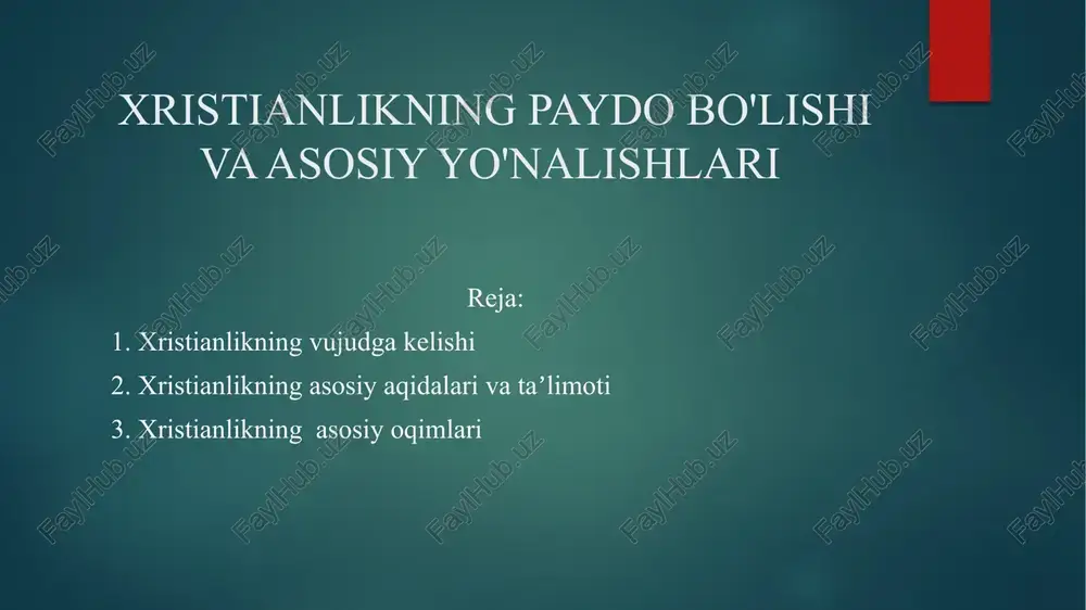 ikning shakllanishida yaxudiylikning ta’siri salmoqli bo’lgani, shubhasiz. xristianlikning asosiy g’oyasi – isoning odamzodning xaloskori «messiya» ekanligi yahudiylikda mavjud bo’lib, oxiratga yaqin kelishi kutilayotgan xaloskor haqidagi ta’limotdan kelib chiqqandir. image6.png image7.png image8.png image9.png image10.png image11.png image12.png image2.png image3.png image4.png image5.png /docprops/thumbnail.jpeg > gass devia unweit sper fot > yenalatatko yo'naten qu tlabos xollov omar > egcihove dikabo