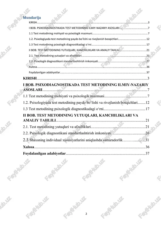 rini ishlab chiqish bugungi kunda psixologiya fanining dolzarb masalalaridan biridir. mazkur kurs ishida test metodining nazariy asoslari, uning afzalliklari, amaliy qo‘llanish sohalari va mavjud kamchiliklari tahlil qilinadi, testlardan samarali foydalanish bo‘yicha taklif va tavsiyalar ishlab chiqiladi. [1: karimov, s. shaxsni baholash usullari. toshkent o‘zbekiston davlat universiteti nashriyoti, 2020-yil.] mavzuning dolzarbligi hozirgi davrda psixologiya fanida shaxsni o‘rganish, uning individual xususiyatlari, bilim, ko‘nikma va qobiliyatlarini aniqlashga bo‘lgan ehtiyoj ortib bormoqda. ayniqsa, ta’lim, kadrlar tanlash, kasbiy yo‘naltirish va psixologik maslahat sohalarida test metodlari asosiy diagnostik vosita sifatida keng qo‘llanilmoqda. shu bois test metodining yutuq va kamchiliklarini o‘rganish masalasi bugungi kunda dolzarb ilmiy va amaliy ahamiyat kasb etadi. chunki har qanday psixologik test inson shaxsini baholashda muhim rol o‘ynaydi, biroq uning natijalarining to‘g‘riligi testning tuzilishi, o‘tkazilish sharoiti va talqin qilish usuliga bog‘liq. agar test noto‘g‘ri ishlab chiqilgan yoki noaniq sharoitda o‘tkazilgan bo‘lsa, u insonning haqiqiy psixologik holatini aks ettirmasligi mumkin. shu nuqtai nazardan, test …