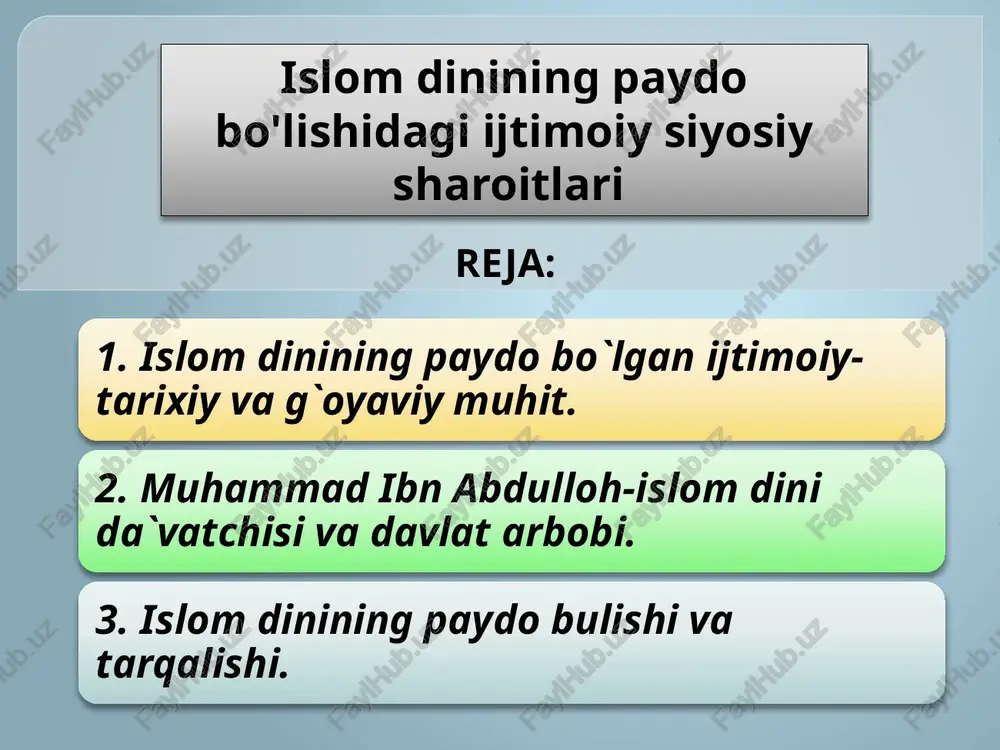 o bo`lgan ijtimoiy-tarixiy va g`oyaviy muhit. islomning vujudga kelishini tahlil etish o`sha tarixiy davr-vi-vii asrlarga xos xususiyatlar, arab qabilalari o`rtasida hukmron bo`lgan ijtimoiy-iqtisodiy munosabatlar va ularning diniy-g`oyaviy hayoti bilan qisqacha tanishib chiqishni taqozo etadi. arabiston yarimoroli iqlim sharoiti noqulay qumli sahrolar va tog`lardan iborat bo`lib, ko`chmanchi aholisi badavlat v-vii asrlarda chorvachilik bilan shug`ullanar edi. image2.jpeg image3.jpeg image4.jpeg /docprops/thumbnail.jpeg - qarshi daviat universiteti sport falulteti ‘yengil atletika yo'nalishi -13-guruh talabasi esanov jamshid --xalimov abduhakim