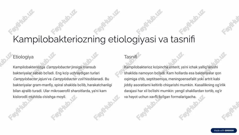 am hollarda bemor odamdan sog'lom odamga to'g'ridan-to'g'ri kontakt orqali yuqishi kuzatiladi, ayniqsa gigiyena qoidalariga rioya qilinmaganda. 3 patogenezi: organizmga ta'siri va rivojlanish mexanizmlari bakteriyalarning kirib kelishi kampilobakteriyalar organizmga og'iz orqali, ifloslangan oziq-ovqat yoki suv bilan tushadi va oshqozonning kislotali muhitini yengib, ichaklarga yetib boradi. ichak shilliq qavatiga yopishishi bakteriyalar ingichka ichak shilliq qavatiga, xususan, yeyunal va ileal qismlarga yopishadi. bu jarayonda maxsus adgezinlar muhim rol o'ynaydi. hujayralarga kirib borishi va ko'payishi kampilobakteriyalar ichak epiteliysining hujayralariga kirib boradi va ular ichida ko'payadi. bu invazivlik patogenlikning asosiy mexanizmlaridan biridir. toksinlar ishlab chiqarishi bakteriyalar sitotoksinlar va enterotoksinlar ishlab chiqaradi. sitotoksinlar ichak hujayralariga zarar yetkazib, yallig'lanish va nekrozga olib keladi. enterotoksinlar esa suv va elektrolitlar sekretsiyasini kuchaytirib, diareyaga sabab bo'ladi. yallig'lanish reaksiyasi bakteriyalar va ularning toksinlariga javoban ichak shilliq qavatida kuchli yallig'lanish reaksiyasi rivojlanadi, bu esa ichak faoliyatining buzilishiga olib keladi. 4 klinik ko'rinishlari: belgilari, og'irlik darajalari va asoratlari asosiy belgilar kampilobakteriozning asosiy belgilari …