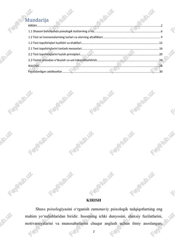 iladi. har bir savol yoki topshiriq inson psixikasining muayyan jihatini aniqlashga qaratilgan bo‘lishi kerak. [1: abdullayev, a. psixologik testlar nazariyasi va amaliyoti. toshkent fan va texnologiya, 2018.] mavzuning dolzarbligi bugungi kunda psixologik tadqiqotlar va amaliyotda shaxsni har tomonlama, chuqur va aniq baholash zarurati ortib bormoqda. ijtimoiy munosabatlar, kasbiy tanlov, ta’lim jarayoni, rahbarlik, va hatto psixoterapiya sohalarida ham shaxsning psixologik xususiyatlarini ishonchli o‘lchash muhim ahamiyat kasb etadi. shu nuqtai nazardan qaralganda, psixologik test so‘rovnomalar shaxsni baholashning asosiy vositalaridan biri hisoblanadi. test natijalarining aniqligi va ishonchliligi bevosita uning tarkibidagi topshiriqlarga bog‘liq. agar topshiriqlar noto‘g‘ri tanlansa yoki noto‘g‘ri tuzilsa, test xulosalari ham xatolik bilan beriladi. shu bois, test so‘rovnomalarni yaratishda topshiriqlarni to‘g‘ri tanlash, ularni ilmiy asoslangan tarzda ishlab chiqish psixologik baholash sifatining kafolatidir. ko‘plab psixologlar tayyor testlardan foydalanayotgan bo‘lsa-da, har bir muayyan shaxsiy yoki ijtimoiy kontekst uchun mos test yaratish zarurati mavjud. bu esa, psixolog mutaxassislarining test topshiriqlarini tanlash va tuzish bo‘yicha chuqur …