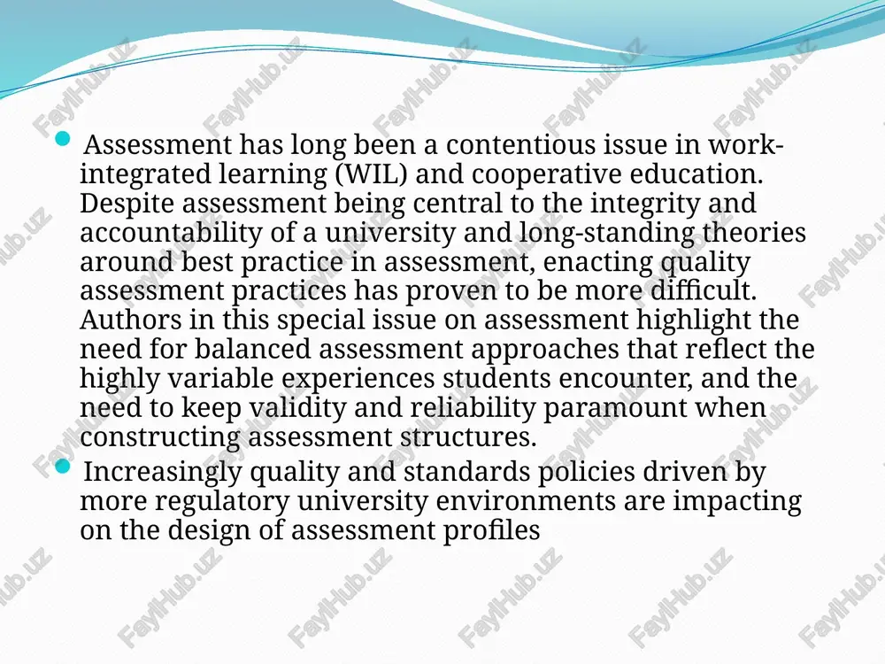 ainable, progressive, and global workforce through a rigorous, relevant, and engaging education system that is agile and responsive to emerging needs of the economy (gardner & perry, 2011). wil is internationally recognized as a mechanism for enhancing graduate employability with educational institutions actively embracing pedagogies that facilitate embedding wil in curriculum (gardner & perry, 2011; johnston, 2011). however, in a traditional university setting, barriers to implementing authentic assessment profiles that reflect the performancebased emphasis of wil are apparent. typically, content is compartmentalized and disconnected with restrictive assessment policies that limit creative approaches to evidencing student outcomes the workplace, and practitioners within the workplace, play a pivotal role in incorporating wil in the student experience (sharma, 2013). input and feedback from practitioners provides substantial benefits for student learning and ensures currency of content and skills to which students are exposed (hodges, 2011). such collaboration is most effective when underpinned by mutually …