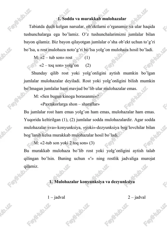 a mulohazalar «agar … bo’lsa,… bo’ladi» ko’rinishida bog’langan bo’lsa uning chinlik qiymati quyidagi jadvaldan aniqlanadi. 3. mulohazalar orasida «implikasiya» va «ekvivalent» munosabatlari 3 – jadval 4 - jadval a b ayu b r r e e r e r e r e r r a b ai b r r e e r e r e r e e r ayu b: “agar 2 tub son bo’lsa u holda u toq son bo’ladi”, ayu b mulohaza yolg’on a-“ 4- soni 2 ga bo’linadi” rost b- “ 4- soni juft son” rost ayu b: “ agar 4- soni 2 ga bo’linsa, u holda u juft son bo’ladi” rost “4 soni 2 ga bo’linadi”. 4\2. rost “4 soni tub son”. yolg’on ayu b: “agar 4 soni 2 ga bo’linsa, u holda u tub son bo’ladi. “yolg’on” agar ikki sodda mulohazalar uchun ayu b chin bo’lishidan byua ham chinligi kelib chiqsa ular ekvivalent …