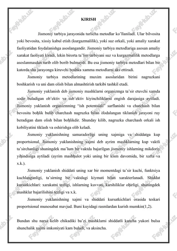 uning bir kism davomida, bir xafta va x.k.). jismoniy yuklanish shiddati uning xar bir momentdagi ta’sir kuchi, funktsiya kuchlanganligi, ta’sirning bir vaktdagi kiymati bilan xarakterlanadi. shiddat kursatkichlari: xarakatni tezligi, ishlarning kuvvati, karshiliklar oђirligi, shuningdek mashklar bajarilishini tezligi va x.k. jismoniy yuklanishning xajmi va shiddati kursatkichlari orasida teskari proportsional munosabat mavjud. buni kuyidagi rasmlardan kurish mumkin(1,2). bundan shu narsa kelib chikadiki ba’zi mashklarni shiddatli kancha yukori bulsa shunchalik xajmi imkoniyati kam buladi, va aksincha. jismoniy yuklanish jismoniy tarbiyaning turli metodlarida standart, takrorlash mashk metodi xar bir vaktida uzining tashki parametrlari bilan amaliy bir xil va uzgaruvchan buladi. ikkala tipdagi jismoniy yuklanishlardan foyda charchash xosil kilgan bir faoliyatdan boshka ikkinchi faoliyatga utish bulishi mumkin. jismoniy yuklanish kismlari oraliђining uzokligi tiklanish protsesslarining sodir bulishi konuniyatlari va yunaltirish ta’sirlari asosida urnatiladi. intervalni 3 tipi mavjud: 1. tulik interval (ordinarno’y). 2. kattik yoki subintervali. 3. ekstrimalli yoki subintervalli. 4. .tulik yoki ordinar interval bu keyingi …