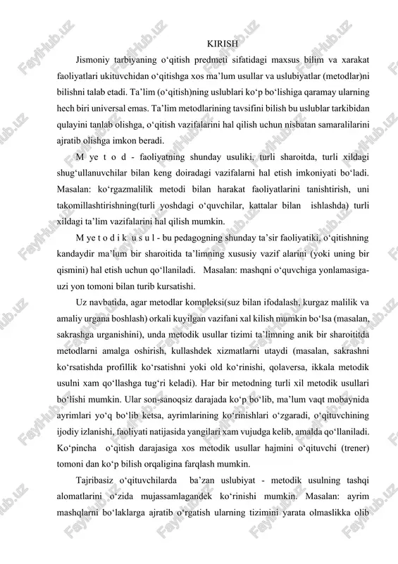 judga kelib, amalda qo‘llaniladi. ko‘pincha o‘qitish darajasiga xos metodik usullar hajmini o‘qituvchi (trener) tomoni dan ko‘p bilish orqaligina farqlash mumkin. tajribasiz o‘qituvchilarda ba’zan uslubiyat - metodik usulning tashqi alomatlarini o‘zida mujassamlagandek ko‘rinishi mumkin. masalan: ayrim mashqlarni bo‘laklarga ajratib o‘rgatish ularning tizimini yarata olmaslikka olib keladi, natijalar kutilganday bo‘lmaydi. bu usul ko‘p holda metodik usulga o‘xshash bo‘ladi. ta’limning metodlariga qo‘yilgan umumiy talablar. har qanday konkret xolatda u yoki bu metodni maksadga muvofiq xolda qo‘llash qator talablarga rioya qilishni taqazo etadi: 1. metodning i l m i y a s o s l a n g a n l i g i (oliy nerv faoliyati). 2. qo‘yilgan v a z i f a g a o‘ q i t i sh n i n g m u v o f i q l i g i . aniq vazifalarning oldindan belgilanmasligi ta’lim metodalarini to‘g‘ri tanlash imkonini bermaydi. misol, darsda “kozyol”dan oyoqlarni kerib …