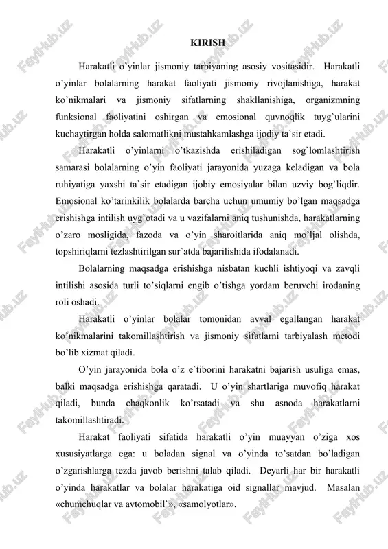 h jarayonlarini takomillashtirgan holda nerv tizimini mashq qildiradi, kuzatuvchanlik, topqirlik, atrof-muhitda mo’ljal olish qobiliyatini, botirlik, chaqqonlik tashabbus ko’rsatish, maqsadga erishishning mustaqil usulini tanlashni tarbiyalaydi. harakatli o’yinlarning kelib chiqishi harakatli o’yinlarning kelib chiqishi qadim xalq pedagogikasiga borib taqaladi. o’yinlarning kelib chiqishi va tarixi xaqidagi ma`lumotlar bizgacha xi asrning buyuk mingvisti, tarixchisi, etografi maxmud qoshg`ariyning «devonu lug`otit turk» kitobi orqali etib kelgandir. asarda o’zbek harakatli o’yinlarini boshlashdan oldin amalga oshiriladigan chaqirish, to’planish, o’yin boshi, chek tashlash kabi o’yin shakllaridan namunalar keltirilgan. zahiriddin muhammad boburning «boburnoma» asarida ham sport o’yinlaridan qilichbozlik, kurash, ko’pkari… ga alohida e`tibor berilib, ularni yoshlarni jismonan baqquvat bo’lishlariga katta ta`sir ko’rsatishi ko’rsatib o’tilgan. ilk yoshli bolalar oilalarda bolaning dastlabki harakati bilan bog`liq ovunmachoqlar, ermak o’yinlar yordamida tarbiyalanganlar. undan kattaroq yoshdagi bolalar hayotida rang-barang harakat mazmuniga ega bulgan (o’z ichiga bolalarni rom qiluvchi o’yin boshlanmalari, xirgoyilari, sanashmachoqlarni oluvchi) xalq o’yinlari katta o’rin olgan. maktabgacha tarbiya yoshidan boshlab, bolalarda o’z xalqining …