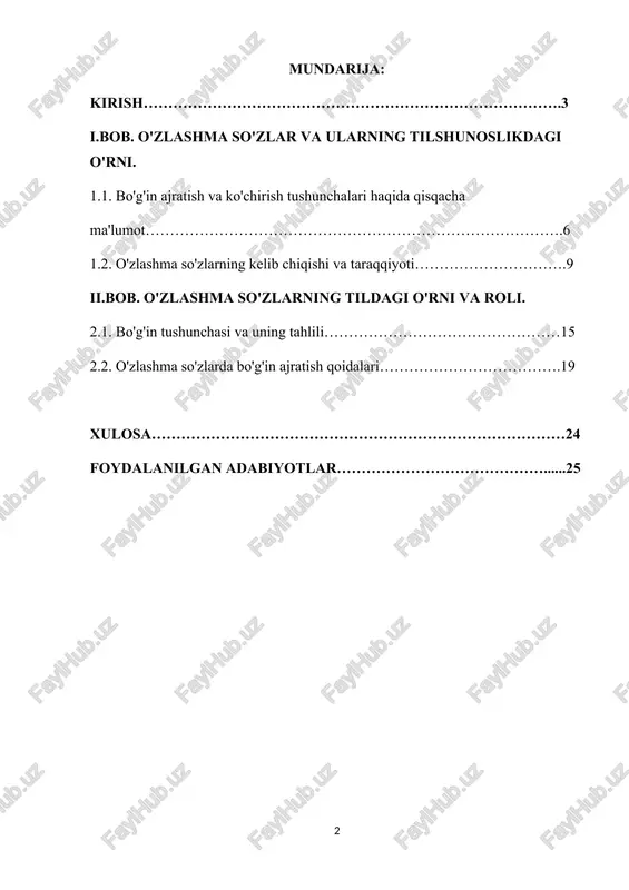 kurs ishining ob’ekti:ko'chirish jarayonining o'ziga xos jihatlarini o'rganish: o'zlashma so'zlardagi ko'chirish jarayonini tahlil qilish, uning tilshunoslik va madaniyatga ta'sirini o'rganish. o’zbek tilida bo’g’inning quyidagi tipi mavjud: 1. bir unlidan iborat: u (olmosh), e, o (undov so’z) 2. bir unli va bir undosh: un, uch urg’u. so’z bo’g’inlardan yoki gapda ishtirok etayotgan so’zlardan birining boshqasiga nisbatan kuchliroq aytilishiga, shuningdek, ayri so’zning ma’no va talaffuzini belgilab beruvchi fanetik hodisaga urgu deyiladi. urg’u zarb bilan aytiladi. kurs ishining predmeti: o'zlashma so'zlar va ularning fonetik-morfologik jihatlari: o'zlashma so'zlarning fonetik va morfologik xususiyatlarini aniqlash va bo'g'in ajratish hamda ko'chirishdagi o'ziga xosliklarini belgilash.o'zlashma so'zlarda bo'g'in ajratish va ko'chirish jarayonining kelajagi: mavzuga oid tadqiqotlar va o'rganish imkoniyatlari orqali o'zlashma so'zlarning kelajakdagi roli va o'zgarishlarini tahlil qilish. kurs ishining amaliy ahamiyati: tilshunoslikka hissa qo'shish: o'zlashma so'zlar va ularning bo'g'in ajratish va ko'chirish jarayonlarini o'rganish, tilshunoslik ilmiga yangi ma'lumotlar va tahlillar kiritadi. bu, o'z navbatida, til rivojlanishini va uning …