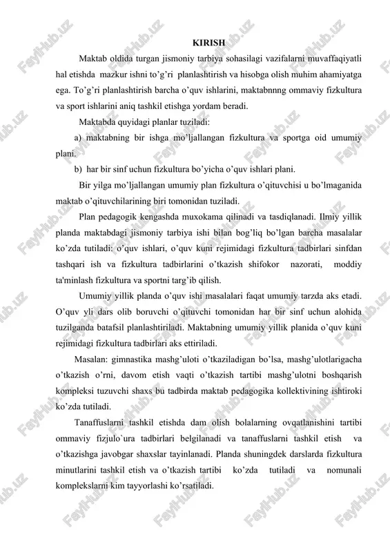 ko’zda tutiladi va nomunali komplekslarni kim tayyorlashi ko’rsatiladi. sinfdan tashqari ish bo’yicha planda avvalo to’garak yoki fizkultura kollektiviga alokodor bo’lgan barcha narsa: sinflarda fizkultura tashkilotchisi va maktab soveti qachon saylanishi fizkultura to’garagini kim boshqarishi qanday sektsiyalar tashkil etishi, sektsiya mashg’ulotlari qaerda va qachon bo’lishi aks etadi. planda sport musobaqalari sayrlar, zkskursiyalar, o’yinlar ko’zda tutiladi. ularni o’tkazish muddati va bu tadbirlarni o’tkazishga javobgar shaxslar ko’rsatiladi. planda turistik poxodlarning mashg’ulotdari va muddati ularga tayyorgarlik ishlari ham aks zttan bo’ladi. maktabnnng jismoniy tarbiyaga oid yillik ish planida o’quvchilarni meditsina kurigidan o’tkazish muddati va tartibi belgilab qo’yiladi. ko’rikdan dastlab birinchn sinf o’quvchilari so’ng esa o’tgan o’quv yilida jismonan zaif deb topilgan bolalar hamma sinfda o’tadilar. keyin ikkinchi va uchinchi sinf o’quvchilari tekshiriladi. mazkur planda sog’ligining yomonligi tufayli maxsus meditsina gruppaga o’tkazgan bolalarni qayta ko’rikdan o’tkazish muddatlari belgilangan bo’lishi kerak. shifokor meditsina ko’rigi natijalari haqida maktab pedagogika soveta va ota-onalar majlisida doklad qiladi. maktabdagi tuloqonli …