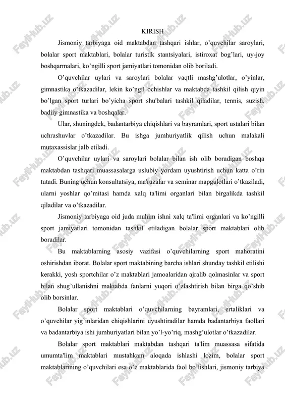 dantarbiya ishi jumhuriyatlari bilan yo’l-yo’riq, mashg’ulotlar o’tkazadilar. bolalar sport maktablari maktabdan tashqari ta'lim muassasa sifatida umumta'lim maktablari mustahkam aloqada ishlashi lozim, bolalar sport maktablarining o’quvchilari esa o’z maktablarida faol bo’lishlari, jismoniy tarbiya va sportga oid sinfdan tashqari ishlarni o’tkazishda o’qituvchilarga yordam berishlari kerak. madaniyat va istiroxat bog’larida ham o’quvchilarni jismoniy tarbiyalashga oid katta ishlar olib boriladi. bog’larning bolalar sekorlarida sport maydonchalari va gimnastika shaharchalari barpo etiladi. ularda bolalarning individual va jamoa o’yinlari uchun jihozlar bo’ladi. odatda, bunday bog’larda bolalar turli jihozlar inventarlardan foydalanish va uynash imkoniyatiga ega bo’libgina qolmay, balki ular uchun guruhli mashg’ulotlar, o’yinlar, raqslar ham uyushtiriladi. bolalar o’rtasida olib boriladigan maktabdan tashqari jismoniy tarbiya ishlarini uy-joy boshqarmalarida ham o’tkazadilar. ota-onalar bolalar bilan birgalikda uy-joy boshqarmasi xodimlarining ko’magida doimo ishlab turuvchi sport maydonlari barpo qiladilar «yozda ko’kalamzorlashtiradilar va ularni mashg’ulotlar, o’yin va ko’ngil ochishlar uchun moslaydilar». bu ishda ko’ngilli sport jamiyatlari, yoshlar tashkilotlari, kasaba uyushmalari, maktab katta yordam ko’rsatishi …