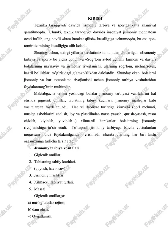 i ovqatlanish ovqat hazm qilish organining faoliyatiga ijobiy ta`sir qiladi va boshqa organlarga zaruriy oziq moddalarning o’z vaqtida yetib borishini ta`minlaydi, bolaning rivojlanishi va o’sishiga yordam beradi. to’laqonli uyqu nerv tizimiga dam beradi va uning ish qobiliyatini oshiradi. xonalar, jismoniy jihozlar, atribut, o’yinchoqlar, bolalar kiyimlari va poyabzalining tozaligi kasalliklarning oldini oladi. xonalarni to’g’ri yoritish ko’z kasalliklari (shabko’rlik va boshqalar) ning sodir bo’lishiga yo’l qo’ymaydi. kun tartibiga qat`iy rioya qilish uyushqoqlikka, intizomlilikka o’rgatadi. tabiatning tabiiy kuchlari tabiatning tabiiy kuchlariga quyosh, havo, suv kiradi, ular jismoniy mashqlarning organizmga ta`sirini kuchaytiradi va kishi ish qobiliyatini oshiradi. quyoshli, ochiq havoda yoki suvda (suzish) bajariladigan mashqlar jarayonida ijobiy emotsiyalar paydo bo’ladi (ko’proq kislorod yutiladi, modda almashuvi kuchayadi…) quyosh, havo, suv organizmni chiniqtirishga, uni yuqori va past temperaturaga moslashuv qobiliyatini oshirishga yordam beradi. bular natijasida issiqlikni idora qiluvchi apparat harakatga keladi, ya`ni kishi organizmi turli xil meteorologik omillarning o’zgarishiga o’z vaqtida javob bera oladigan darajaga keladi. …