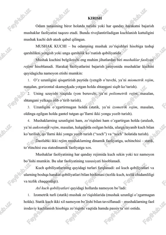 i turlari farqlanadi: asl kuch qobiliyatlari va ularning boshqa harakat qobiliyatlari bilan birikmasi (tezlik-kuch, tezlik chidamliligi va tezlik chaqqonligi). asl kuch qobiliyatlari quyidagi hollarda namoyon bo’ladi: 1. izometrik turli (statik) mushak zo’riqishlarida (mushak uzunligi o’zgarmagan holda). statik kuch ikki xil namoyon bo’lishi bilan tavsiflanadi – mushaklarning faol irodaviy kuchlanish hisobiga zo’riqishi vaqtida hamda passiv ta’siri ostida. 2. chegaraga yaqin, chegaraviy ba’zan esa haddan ziyod og’irliklarni yengib o’tayotgan nisbatan sust mushak qisqarishlari vaqtida (og’irligi o’quvchining kuch imkoniyatlari chegarasiga yaqin bo’lgan buyumlarni ko’tarish va boshqa joyga olib o’tish vaqtida, ancha og’ir shtanga bilan o’tirib turishlarni bajarish vaqtida). asl kuch qobiliyatlarini tarbiyalash barcha sport turlari uchun zarur bo’lgan tayanch-harakat apparatini mustahkamlashga, maksimal kuchni rivojlantirishga (og’ir atletika, qadoq-toshlar ko’tarish sporti, kuch akrobatikasi, yengil atletika uloqtirishlari) hamda tana tuzilishini takomillashtirishga (bodibilding) yo’naltirilishi mumkin. jismoniy tarbiya va sport mashg’ulotlarida asl kuch qobiliyatlarining rivojlanish darajasini baholashda odam harakatining mutloq va nisbiy kuchini farqlaydilar. mutloq kuch odam tanasi …