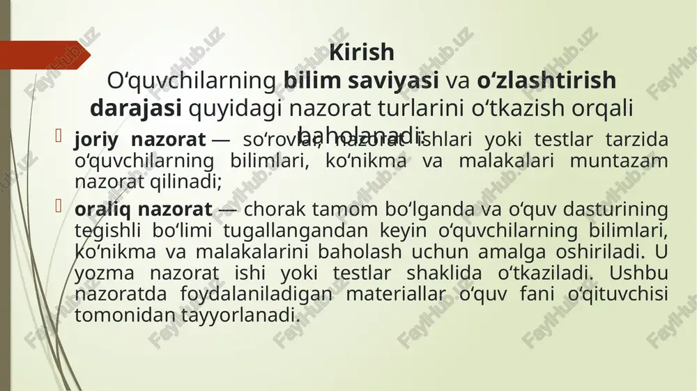 olib chiqadi. inson ijtimoiy taraqqiyot jarayonida bilmaslikdan bilishga, mavhum bilimlardan mukammal va aniq bilimlar hosil qilish tomon boradi. reyting haqida : reyting (ing. rating) — 1) oʻquvchi va talabalarning bilimini nazorat qilish va baholash usuli. oʻzbekistonda uzluksiz taʼlim tizimining meʼyoriy hujjati sifatida qabul qilingan. umumiy oʻrta taʼlim maktablari uchun 1998—2003-yillarda joriy boʻlib kelgan. 2003-yildan maktablarning boshlangʻich sinflarida qayta qoʻllanila boshladi. o`quvchilarning bilimi besh balli sistema bilan baholanishi : besh - javob to`liq, to`g`ri, o`quvchi asosiy faktik materiallarni biladi, asosiy ilmiy tushunchalarni egallagan, geografik aloqadorlikni tushunadi va misollar keltiradi; xarita va boshqa ma`lumotlar manbalarning tarkibi va ular bilan ishlashning izchil usullarini biladi; ulardan mustaqil foydalana oladi va xaritalardagi obyektivlarni xatosiz ko`rsatadi. o`quvchilarning, xususan, o`quv masallarini hal etishda ijodiy yodashishi, eng yangi geografik voqealardan xabardorligi rag`batlantiriladi. to`rt - javob to`liq va to`g`ri, ammo faktlarni ifoda etishda, tunushchalarni aniqlashda, geografik aloqadorlik va xulosalarni tushuntirishda o`qituvchining qo`shimcha savollari asosida osongina to`g`rilash mumkin bo`lgan noaniqliklarga …