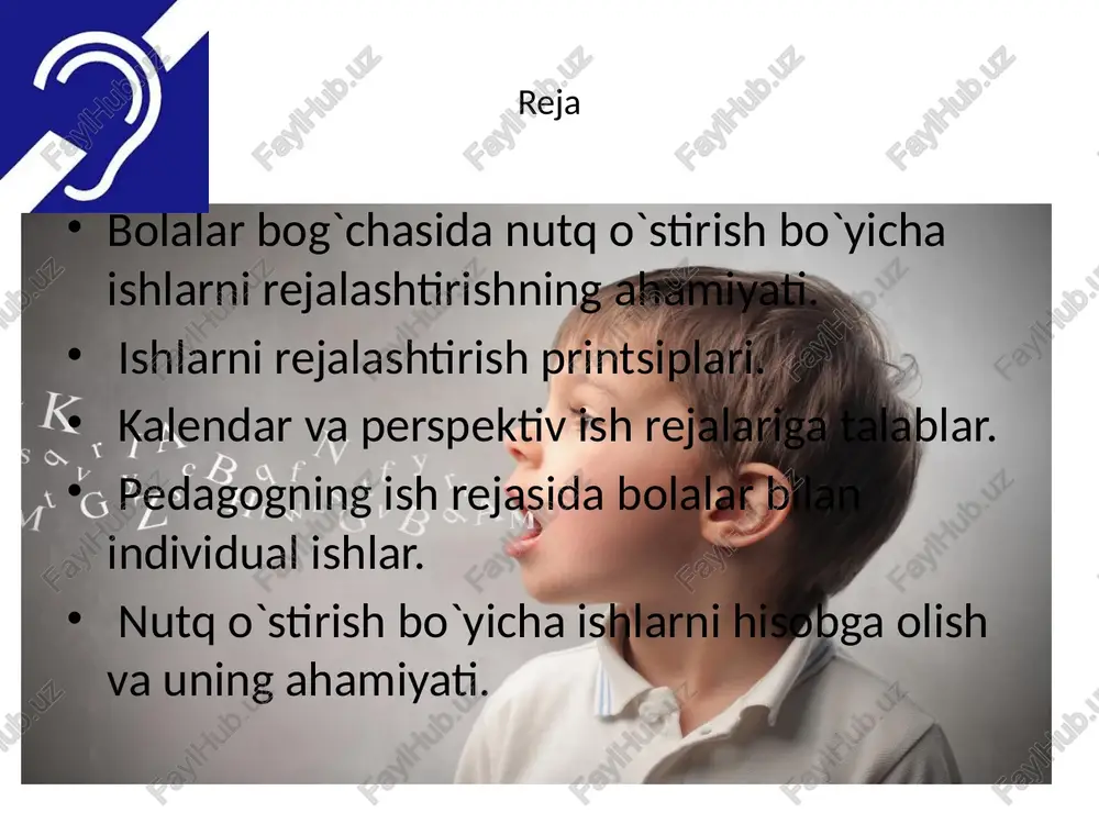 ilib, har bir bosqich o’z vazifalarini o’taydi va ayni paytdakeyingisi bilan bog’liq. eshitish qobiliyati buzilgan shaxslarni sifatli o'qitish, tarbiyalash, rivojlantirish va reabilitatsiya qilishning shartlaridan biri bu mutaxassislarning har birining eshitish funktsiyasi holatining xususiyatlarini to'g'ri tushunish va ularni barcha turdagi psixologik va ruhiy kasalliklar tizimida hisobga olishdir. eshitish holatiga ko'ra, eshitish qobiliyati zaif (eshitadigan) va karlar farqlanadi. image1.jpeg image2.jpeg image3.jpeg image4.jpeg image5.jpeg /docprops/thumbnail.jpeg