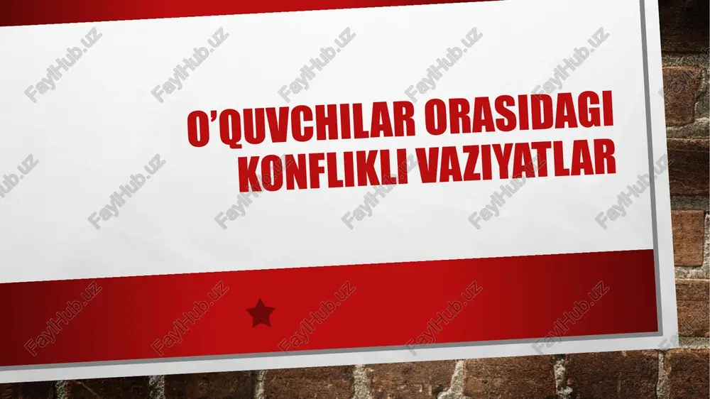 rni boshqarish muammosining bir qismini tashkil etadi. fan tomonidan uni boshqarish haqida ishlab chiqilgan asosiy g’oylar konfliktli vaziyatlarni boshqarishning aniq usul va yo’llarini topishda katta ahamiyatga ega. konflikt har bir inson hayotiga aloqador bo’lgan o’ziga xos jarayon bo’lib, hech bir inson o’zini komil ishonch bilan konflikt vaziyatlardan muhofaza qilinganman deb ayta olmaydi. konfliktlar inson hayotining ajralmas qismi hisoblanadi, chunki har bir inson o’z hayoti davomida konfliktlar bilan to’qnash keladi. konfliktlar tabiiy hodisa bo’lib, konflikt bilan to’g’ri munosabat o’rnatish inson tarbiyasi, uning shakllanishining zaruriy talablaridan biridir. so’nggi vaqtlarda zamonaviy jamiyatlardagi insonga bo’lgan turli ilmiy-texnik, ma’naviy, iqtisodiy ta’sirlarning haddan ziyod ortib borishi, zamonaviy jamiyatlarda yashash tarzining murakkablik tomon ortib borayotganligi odamlar to’qnash kelishi mumkin bo’lgan turli konflikt vaziyatlarni ham oshiradi. bolalik davrida o’yinchoqlarni talashish, birovlarga hasad qilish, yoki o’g’il bolalarning janjal qilib urishganini ko’p kuzatgansiz. konfliktologiya - ijtimoiy konfliktlarning sabablari, shakllari, rivojlanishi hamda ularni hal qilish va oldini olish haqidagi fandir. psixologik …