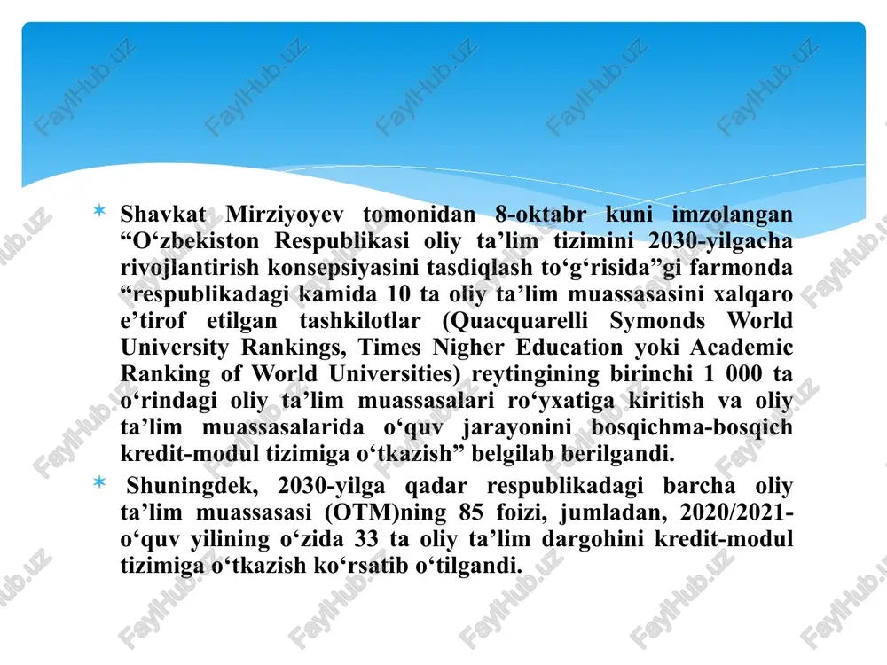 irish mumkinligi. yuqoridagilar dars mashg‘ulotlarini nafaqat o‘qitishni innovatsion ta’lim texnologiyalari asosida olib borish, balki talabadan mustaqil o‘qib-o‘rganish, ta’limga yangicha munosabatda bo‘lish, mehnat bozori talabidan kelib chiqib, zaruriy va chuqur nazariy bilimlarni egallash, amaliy ko‘nikmalarini shakllantirishga o‘r­gatishdan iboratdir. muxtasar aytganda, mazkur tizim talabaning kasbiy rivojlanishi va kamolotiga yo‘naltirilgan. ilm sohibining butun hayoti davomida bilim olishini ta’minlashga hamda mehnat bozori va zamonaviy talablarga javob bera oladigan inson kapitalini shakllantirishga qaratilgandir. keling, shu o‘rinda modul va kredit tushunchalari mohiyatiga qisqacha to‘xtalib o‘tamiz. modul — bu, bir nechta fan hamda kurslar o‘rganiladigan o‘quv rejasining bir qismi. u talabalarda ma’lum bir bilim va ko‘nikma hosil qilish, tahliliy-mantiqiy mushohada yuritish salohiyatiga ega bo‘lishiga qaratilgan bir nechta fanlar (kurslar) majmui hisoblanadi. bunda o‘qituvchi o‘quv jarayonini tashkil qiladi, jonli, video hamda audio ma’ruzalar o‘qiydi, talabaning faoliyatini muvofiqlashtiradi va nazorat qiladi. talaba esa mavzuni mustaqil o‘rganadi hamda berilgan topshiriqlarni bajaradi. xorijiy tajribaga ko‘ra, kredit-modul tizimida o‘quv jarayoni har semestrda …