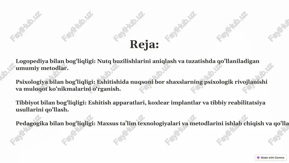 kaga o'qitish muhitini yaratishda, bolalarga o'qitish materiallari va uskunalarini taqdim etishda yordam beradi. o'qituvchilarning tayyorgarligi pedagogika surdopedagogikaga eshitish qobiliyati cheklangan bolalarni o'qitish bo'yicha o'qituvchilarni tayyorlashda yordam beradi. 5 surdopedagogika va lingvistika 1 lingvistika surdopedagogikaga eshitish qobiliyati cheklangan bolalarning nutqini rivojlantirishda yordam beradi. 2 lingvistika bolalarning tilni tushunishini, gapirishini, o'qishini va yozishini rivojlantirish uchun muhimdir. 3 tilning tuzilishi, fonetika, leksik va grammatik xususiyatlar haqida chuqur bilim beradi. 6 surdopedagogika va sotsiologiya sotsiologiya eshitish qobiliyati cheklangan bolalarning ijtimoiy muhitini o'rganishda yordam beradi. bu soha bolalarning ijtimoiy moslashuvini, o'z-o'zini hurmat qilishini va ijtimoiy aloqalarini rivojlantirishda yordam beradi. sotsiologiya ijtimoiy qo'llab-quvvatlash, o'z-o'zini qabul qilish va jamiyatda o'z o'rnini topish muammolarini hal qilishda yordam beradi. 7 surdopedagogika va somatopedagogika 1 jismoniy rivojlanish jismoniy mashqlar 2 salomatlik to'g'ri ovqatlanish 3 harakatlanish qobiliyati motorika 8 surdopedagogika va defektologiya 1 nogironlik nutq nuqsonlari 2 kognitiv o'qish, yozish 3 ijtimoiy aloqa, moslashuv 9 surdopedagogika va reabilitologiya 1 eshitish apparatlar …