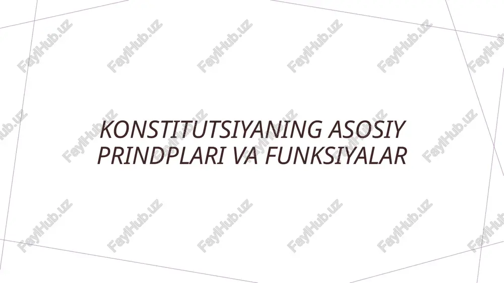 asoslari huquqiy tartib jamiyatda huquqiy normalar va qoidalarni muhim o‘rin tutadi. u qonunlarni bajarishni ta’minlab, huquqiy barqarorlikni mustahkamlaydi. 02 qonun ustuvorligi qonun ustuvorligi hukumat va fuqaro o‘rtasida adolatli va barqaror muhit yaratadi. bu prinsipga amal qilish jamiyatda huquqiy xavfsizlikni ta’minlaydi. 03 huquqiy erkinliklar asosiy prinsiplarga asoslangan huquqiy tartib erkinliklarni himoya qiladi. bu, o‘z navbatida, inson huquqlari va davlatning qonuniy majburiyatlarini belgilaydi. konstitutsiyaning hukumat tuzilmasini mustahkamlashdagi roli 1 mustahkamlash mexanizmlari - konstitutsiya hukumat tuzilmasini mustahkamlash uchun asosiy qoidalarning yaratilishini ta’minlaydi, hokimiyatlar o‘rtasidagi muvozanat va nazoratni kuchaytiradi. 2 qonuniy asoslar - konstitutsiya davlat boshqaruvi uchun huquqiy asoslarni belgilaydi, bu esa hukumat organlarining qonunlarga muvofiq faoliyat yuritishini ta’minlaydi. 3 hokimiyatlar taqsimoti - konstitutsiya hokimiyatlarning ajralishini belgilab, ularning o‘zaro muvofiqligi va nazoratini ta’minlab, davlat barqarorligini mustahkamlashga xizmat qiladi. huquqiy erkinliklarni ta’minlashda konstitutsiyaning asosiy funksiyalari 01 huquqiy erkinliklar konstitutsiya asosiy huquq va erkinliklarni belgilab, davlat va jamiyatda inson huquqlarini himoya qilish uchun asosiy hujjat hisoblanadi. …