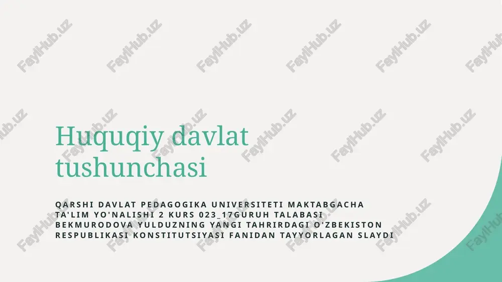 ududi va xalqining suverenitetini ta'minlaydi. bu tamoyil davlatning mustaqil va mustahkam bo‘lishi uchun asosiy poydevordir. huquqiy davlatga xos xususiyatlar: adolat, tenglik va qonun ustuvorligi. 1 adolat tamoyili huquqiy davlatda adolat asosiy prinsip bo‘lib, u jamiyatda hal qiluvchi va teng imkoniyatlarni ta’minlovchi muhim mezon hisoblanadi. adolat, qonunlar asosida hamma uchun teng ijro etiladi. 2 tenglik asoslari huquqiy davlatda insonlar va guruhlar o‘rtasida tenglik ta’minlanadi. bu, har kim qonun oldida teng huquq va imkoniyatlarga ega bo‘lishi bilan ifodalanadi. 3 qonun ustuvorligi qonunlarning ustunligi davlat boshqaruvi va jamiyat hayotida asosiy tamoyildir. bu, qonunlar har doim amalda bo‘lishi va buzilmasligini anglatadi. huquqiy davlat tushunchasining asosiy tamoyillari va prinsiplarining tahlili. 1 huquqiy asoslar huquqiy davlat asosiy tamoyillariga muvofiq, davlatning barcha faoliyati qonunlar asosida amalga oshiriladi, inson huquqlari va erkinliklari himoya qilinadi. 2 qonun ustuvorligi qonun ustuvorligi tamoyili barcha shaxslar va davlat organlariga nisbatan adolatli va teng yuritilishini ta'minlaydi, qonunlar har kim uchun majburiydir. 3 tenglik …