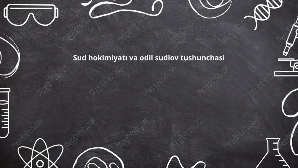 nazorat qilinadi. ... t.me/slaydai_bot odil sudlov tushunchasi, odatda, sud hokimiyatining adolatli va qonuniy asosda amalga oshirilishini anglatadi. bu tushuncha sudlarning mustaqilligini, qonun ustuvorligini va fuqarolarning adolatli sud muhokamalariga bo'lgan huquqlarini kafolatlashni o'z ichiga oladi. sudlov jarayoni qat'iy protsessual normalarga asoslanishi kerak, bunda har bir taraf o'z huquqlarini himoya qilish imkoniyatiga ega bo'lishi lozim. adolatli sudlov prinsiplariga rioya etilishiga birlashgan millatlar tashkiloti va yevropa kengashi kabi xalqaro tashkilotlar ham katta ahamiyat beradi. shu bilan birga, odil sudlov tizimi jamiyatda ishonch va barqarorlikni saqlashning asosiy omillaridan biridir. ... t.me/slaydai_bot 4. sud tizimining tashkil etilishi sud tizimi o‘zbekiston respublikasida uch bosqichli tizimga ega: fuqarolik, jinoiy va iqtisodiy sudlar. fuqarolik ishlari bo‘yicha sudlar, jinoyat ishlari bo‘yicha sudlar va iqtisodiy sudlar tarkibidan iborat. oliy sud respublikadagi eng yuqori sud instansiyasi bo‘lib, barcha darajadagi sudlar qarorlarini ko‘rib chiqish vakolatiga ega. qoraqalpog‘iston respublikasi, viloyatlar va toshkent shahar sudlari o‘z hududida yuqori instansiya hisoblanadi. sudyalik lavozimiga 30 yoshdan …