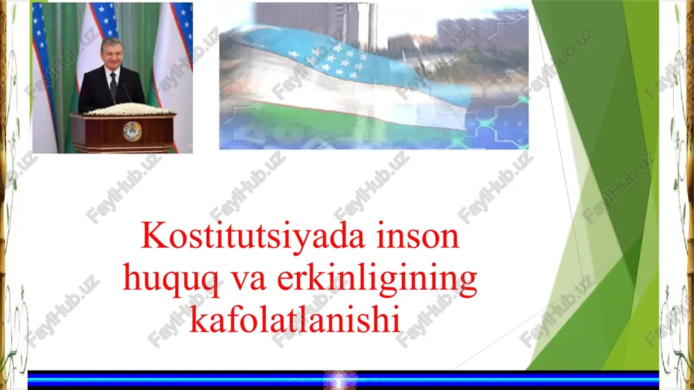 tsiyaviy kafolatlarga bevosita mamlakat konstitutsiyasining oʻzida mustahkamlangan kafolatlar kiradi. inson va fuqarolarning huquqlari kafolatlari ichida fuqarolarning teng huquqliligi tamoyili alohida oʻrin tutadi. konstitutsiyamizning 18-moddasiga muvofiq, “oʻzbekiston respublikasida barcha fuqarolar bir xil huquq va erkinliklarga ega boʻlib, jinsi, irqi, millati, tili, dini, ijtimoiy kelib chiqishi, eʼtiqodi, shaxsi va ijtimoiy mavqeidan qatʼi nazar, qonun oldida tengdirlar”. xulosa sifatida taʼkidlash joizki, inson huquqlari rivojlanishi uzluksiz davom etuvchi va takomillashib boruvchi jarayon hisoblanadi. shunga koʻra, inson huquqlariga oid norma va qoidalarni har bir shaxs qalbi va ongiga singdirishi, oʻz fuqarolik pozitsiyasiga ega boʻlishi va oʻz navbatida, milliy oʻzlikni anglashga hamda huquqiy demokratik davlat va kuchli fuqarolik jamiyati shakllantirilishiga oʻz hissasini qoʻshmogʻi lozim. xulosa o‘zbekiston respublikasi konstitutsiyasi inson huquq va erkinliklarini tan olib, ularning kafolatlanishi davlatning eng ustuvor vazifasi sifatida belgilagan.inson shaxsiyati, uning sha’ni va qadr-qimmati oliy qadriyat sifatida e’tirof etilgani-konstitutsiyaning demokratik va insonparvar mohiyatini ko‘rsatadi. foydalangan adabiyotlar: 1. o‘zbekiston respublikasi konstitutsiyasi.-toshkent:”o‘zbekiston” 2023 2. inson …