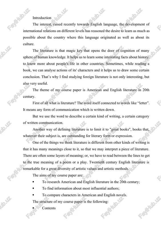 f a poem or a play. twentieth century english literature is remarkable for a great diversity of artistic values and artistic methods. the aims of my course paper are: · to research american and english literature in the 20th century; · to find information about most influential authors; · to compare characters in american and english novels. the structure of my course paper is the following: · contents · introduction · chapter 1 · chapter 2 · conclusion · bibliography the theoretical value of my course paper is the research that can be helpful for the students who are interested in literature. in the chapter 1 there is given general information about american and english literature in the beginning of 20th century and in postwar period. also written about what books were popular and what genres were developed in that century. in the chapter 2 written about most influential authors …