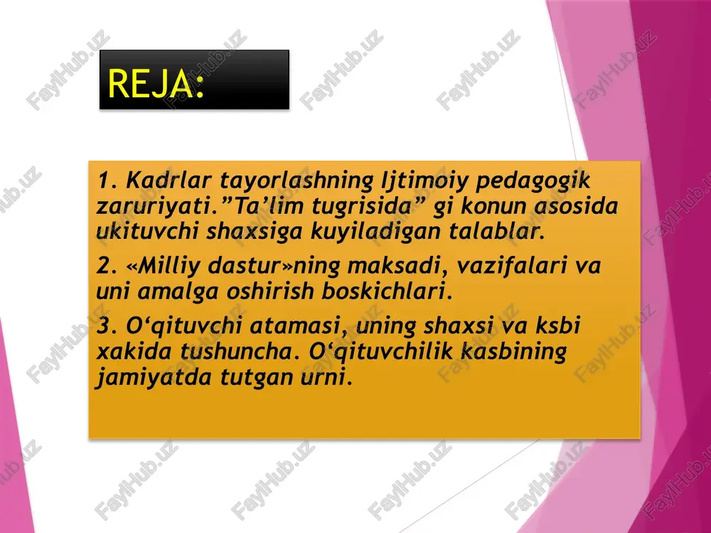 shakllanishi uchun xizmat qiluvchi moddiy va ma’naviy shart-sharoitlarning mavjudligi, jamiyatda qaror topgan ijtimoiy sog’lom muhit darajasi, ijtimoiy munosabatlar mazmuni, shuningdek, aholining etnopsixologik xususiyatlari, axloqiy qarashlari va hayotiy e’tiqodlari asosida shakllantiriladi. «kadrlar tayyorlash milliy dasturi»ning yaratilishida mazkur jihatlar to’la o’rganildi. milliy dastur asosini o’zbekistonning taraqqiyotini ta’minlay oladigan, uni jahonning ilg’or mamlakatlari darajasiga ko’tarilishiga hissa qo’shuvchi dadil, mustaqil fikrlovchi, bilimli, malakali mutaxassis, shuningdek, ijobiy sifatlarga ega bo’lgan kadrlarni tayyorlab voyaga yetkazish jarayoni tashkil etadi. xo’sh, «kadrlar tayyorlash milliy dasturi» qanday hujjat? uning mazmunida qanday g’oyalar ifoda etilgan? «kadrlar tayyorlash milliy dasturi» o’zbekiston respublikasining «ta’lim to’g’risida»gi qonunining qoidalariga muvofiq, milliy tajribaning tahlili va ta’lim tizimidagi jahon miqyosidagi yutuqlar asosida tayyorlangan hamda yuksak umumiy va kasb-hunar madaniyatiga, ijodiy va ijtimoiy faollikka, ijtimoiy-siyosiy hayotda mustaqil ravishda mo’ljalni to’g’ri ola bilish mahoratiga ega bo’lgan, istiqbol vazifalarini ilgari surish va hal etishga qodir kadrlarning yangi avlodini shakllantirishga yo’naltirilgandir. «kadrlar tayyorlash milliy dasturi»ning maqsadi – ta’lim sohasini tubdan …