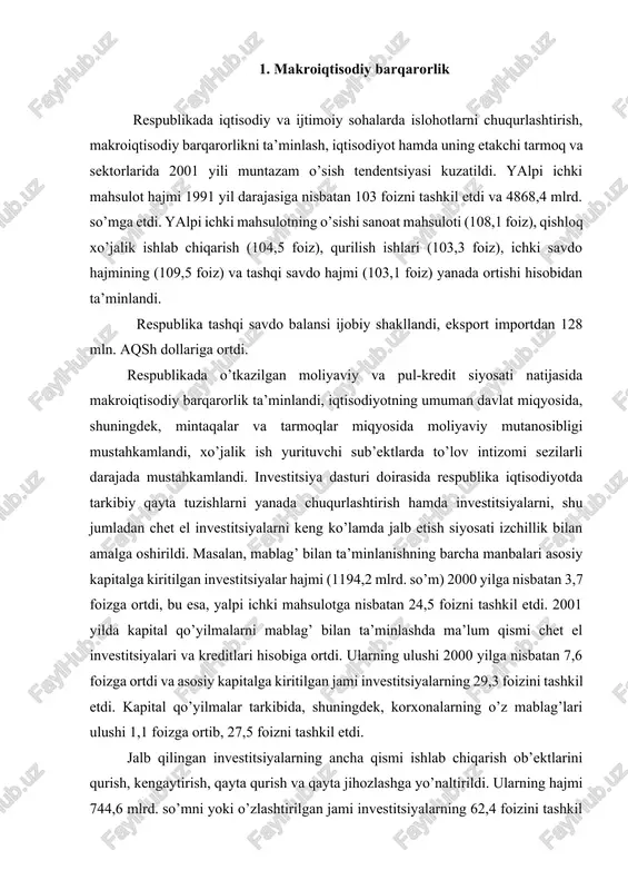 mablag’lari ulushi 1,1 foizga ortib, 27,5 foizni tashkil etdi. jalb qilingan investitsiyalarning ancha qismi ishlab chiqarish ob’ektlarini qurish, kengaytirish, qayta qurish va qayta jihozlashga yo’naltirildi. ularning hajmi 744,6 mlrd. so’mni yoki o’zlashtirilgan jami investitsiyalarning 62,4 foizini tashkil etdi. masalan 2001 yilda energiya ishlab chiqarish quvvatlarini kengaytirish, neft-gaz majmui, ko’mir, metallurgiya, kimyo, paxtani qayta ishlash, engil sanoat, ipak, charm-poyabzal, mebel va iqtisodiyotning boshqa etakchi tarmoqlari korxonalarni modernizatsiyalash va texnik qayta jihozlash dasturlari izchil amalga oshirildi va texnik ishlab chiqarish hajmi 2884,5 mlrd so’mni tshkil qildi va 2000 yilga nisbatan foiz hisobida 108,1 tashkil etdi. bunda temir yo’l va avtomobil transporti komunikatsiyalarining modernizatsiyasi va yangi qurilishlari faol olib borildi va kichik va o’rta biznes faol ishtirok etdi. eksportga mo’ljallangan mahsulotlarni ishlab chiqarishni kengaytirish maqsadida o’tgan yili 200 dan ortiq qo’shma korxona, shu jumladan, respublikaning barcha mintaqalarida chet ellik sheriklar bilan qo’shma korxonalar tashkil etish dasturini amalga oshirish doirasida 90 ta qo’shma korxona …
