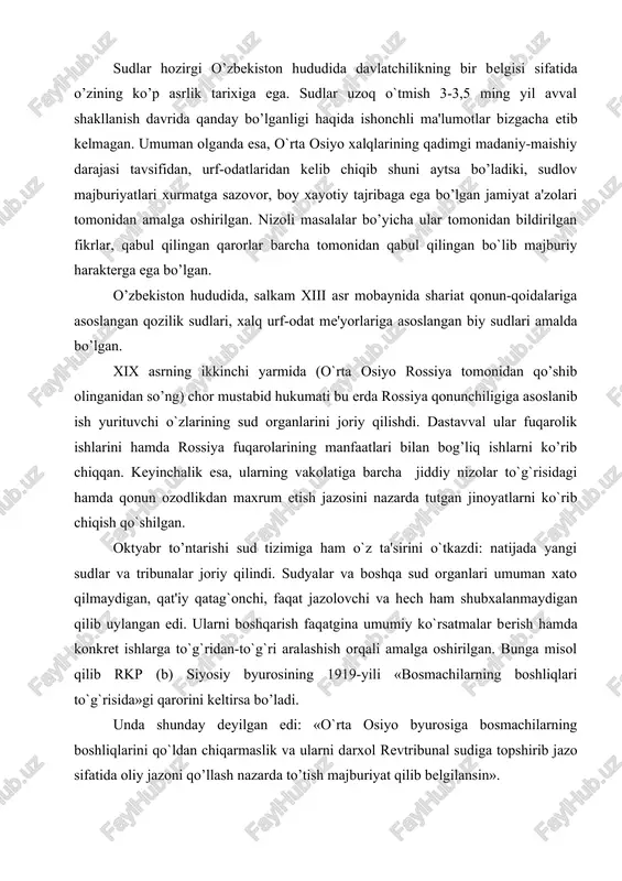 rilgan. bunga misol qilib rkp (b) siyosiy byurosining 1919-yili «bosmachilarning boshliqlari to`g`risida»gi qarorini keltirsa bo’ladi. unda shunday deyilgan edi: «o`rta osiyo byurosiga bosmachilarning boshliqlarini qo`ldan chiqarmaslik va ularni darxol revtribunal sudiga topshirib jazo sifatida oliy jazoni qo’llash nazarda to’tish majburiyat qilib belgilansin». mazkur qaror matnidan siyosiy byuroning sud ishlariga to`g`ridan-to`g`ri aralashuvi aniq-ravshan ko’rinib turibdi; byuro tomonidan aybdorlik masalasi ham, jazo masalasi ham xal etib bulingan. u vaqtlarda sudyalarning mustaqilligi haqida gap ham bo`lishi mumkin emas edi. qonunsizlik - kommunistik tizimning asosiy belgisi bo`lib, u xech qaysi bir sovet muassasalarini chetlab utmagan. partiya tizimi sudlarni o’zining yo`lini amalga oshirishga muljallangan bir bo`limi sifatida qurgan. partiyaning yuriklari xayotga darxol tatbiq etilgan. 1937 yili stalin maxsus uchliklar tashkil etish to`g`risida farmon chiqaradi. bu uchliklar trotskiychilar, shpionlar va boshqa shaxslarni otib o`ldirishga hukm qilishga yoki 10 yilga qamoq jazosini tayinlashga vakolatli edi. bunday uchliklar viloyat unkvd boshligi - rais, partiya obkomi sekretari va oblispolkom …