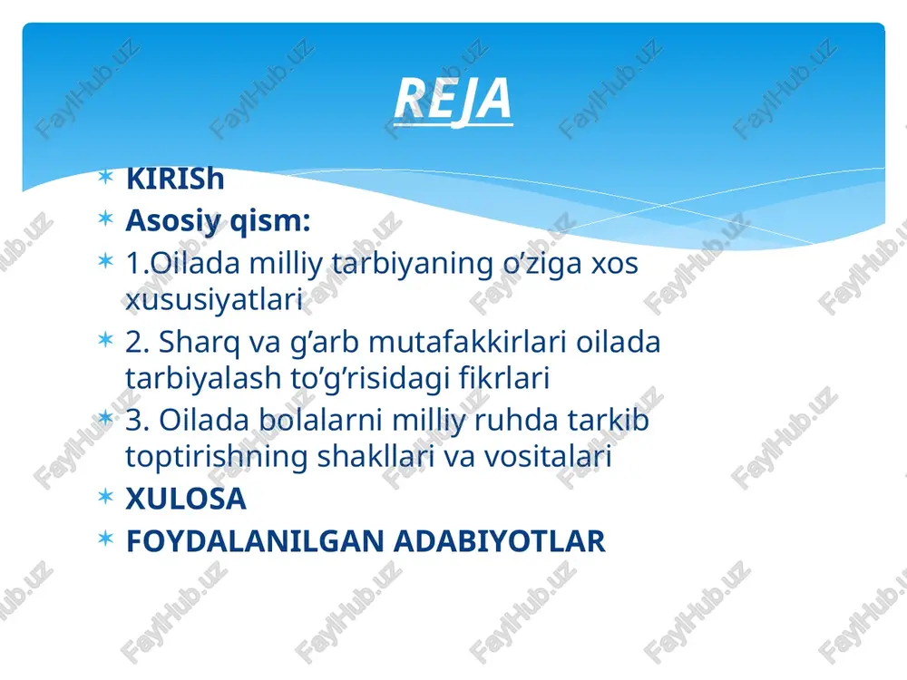 ki uni o’rganish har tomonlama ma’noda tahlil qilish kelajak avlodni ijobiy tomondan shakllantirish masalasini hal qilishda katta rol o’ynaydi. shu ma’noda oynisa musurmonova, a.munavvarov, m.ochilov, malika inomovalarning tadqiqotlari katta e’tiborga molik, oilada bolalarni ma’naviy – axloqiy tarbiyalashda xalq an’analarining milliy qadriyatlar asosida tarbiyalashda va uni shakllantirish borasida bir qator pedagogik muammolarni yechishga xarakat qiladi. «bizning nazarimizda – deb ta’kidlaydi malika inomova – barcha xalqlarda bo’lganidek o’zbek an’analari zamirida mazkur xalqqa xos qadriyat sifatida namoyon bo’ladi». o’zbekiston o’ziga xos turli milliy urf – odatlar, an’analarga boy ulkan mamlakat. qadriyatlar qadri – mustaqillik sharofati va istiqlol shukuhi ila ko’p orzu – niyatlarimiz ro’yobga chiqmoqda. yetmish yil ichida yo’l qo’ygan xato – kamchiliklar tuzatilib, hamma sohalarda haqiqat tiklanmoqda. jumladan qadimiy boy va betakror xalq an’analari, urf – odatlari, rasm – rusumlari, marosimlar, udumlar, ya’ni milliy qadriyatlarimizga jon ato etildi, turmushga keng joriy etila boshlandi. qadriyatlarimizning oliysi payg’ambarimiz muhammad sallollohu alayhu vassalomning so’zlari, qilgan …
