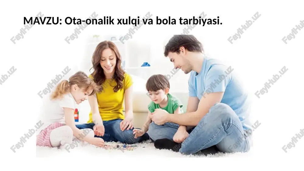 nfaatlarini himoya qilish kabilar kiradi. oilaviy huquqiy munosabatlarda qonunchilik bolalar manfaatining ustuvorligini belgilaydi. ota-ona va bolalar oʻrtasida kelish-movchiliklar mavjud boʻlganda, vasiylik va homiylik organi bolalarning huquq va manfaatlarini himoya qilish uchun vakil tayinlaydi.o'zbekiston respublikasi konstitutsiyasi hamda oila qonunchiligiga muvofiq bola voyaga yetgunga qadar ya'ni 18 yoshga to'lgunga qadar ota-ona uni moddiy jihatdan ta'minlashga majbur.18 yoshdan so'ng bola ota-onasini moddiy jihatdan ta'minlaydi.o'zbekiston respublikasi konstitutsiyasi 80-moddasiga muvofiq ''voyaga yetgan mehnatga layoqatli farzandlar o‘z ota-onalari haqida g‘amxo‘rlik qilishga majburdirlar'' oilaviy huquq va munosabatlar 2 turga boʻlinadi shaxsiy huquq va majburiyatlar mulkiy ququq va majburiyatlar 5 ota-onaning bolaga ta'siri xalqimizda “qush uyasida ko‘rganini qiladi” degan naql bejizga aytilmagan. har bir ota-ona o‘z farzandi uchun ko‘zgudir. ularning muomala va munosabati, o‘zini tutishi farzandiga bo‘lgan e’tibori alohida ahamiyatga ega. buyuk mutafakkir shoirimiz alisher navoiy farzand tarbiyasi xususida shunday deydi: “yosh bolaga nisbatan eng zarur ish bilki, uni kichkinaligidan parvarish qilishdir. qatrani sadaf tarbiya qilgani uchun odamlarning …