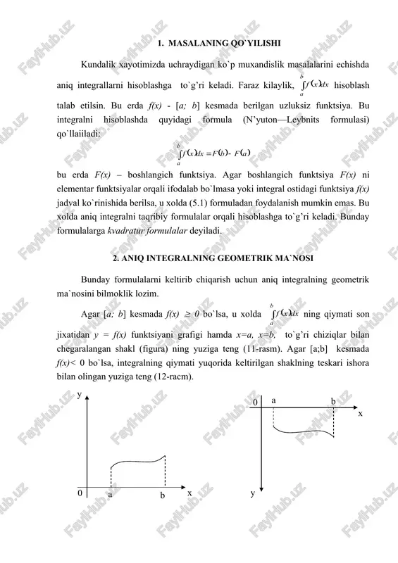 h … xn-1 = a+(n-1)h; xn = b bu nuqtalarni tugun nuqtalar deb ataymiz. f(x) funktsiyaning tugun nuqtalaridagi qiymatlari y0, y1, y2, … yn bo`lsin. bular y0 = f(a); y1 = f(x1) … yn=f(b) larga teng bo`ladi . egri chiziqli trapetsiyaning yuzini topish uchun [a,b] kesmani bo`lish natijasida hosil bo`lgan barcha turtburchaklarning yuzini hisoblab, ularni jamlash kerak bo`ladi. albatta bu yuzachalarni hisoblashlarda ma`lum darajada xatoliklarga yo`l qo`yiladi (shtrixlangan yuzachalar). bularni va 5.1-da aytilgan aniq integralning geometrik ma`nosini hisobga olsak, quyidagini yozishimiz mumkin bo`ladi: (5.2) bu erda to`g’ri turtburchak yuzini hisoblashda uning chap tomon ordinatasi olindi. agar ung tomon ordinatami olsak ham shunday formulaga ega bo`lamiz: (5.3) (5.2) va (5.3) larni moe ravishda chap va ung formulalar deyiladi. agar 13- rasmga e`tibor bersak, (5.2) formula bilan integralning qiymati hisoblanganda integralning taqribiy qiymati aniq qiymatidan ma`lum darajada kamrok chikadi, (5.3) yordamida hisoblanganda esa taqribiy qiymat aniq qiymatdan ma`lum darajada kattarok chikadi. ya`ni …