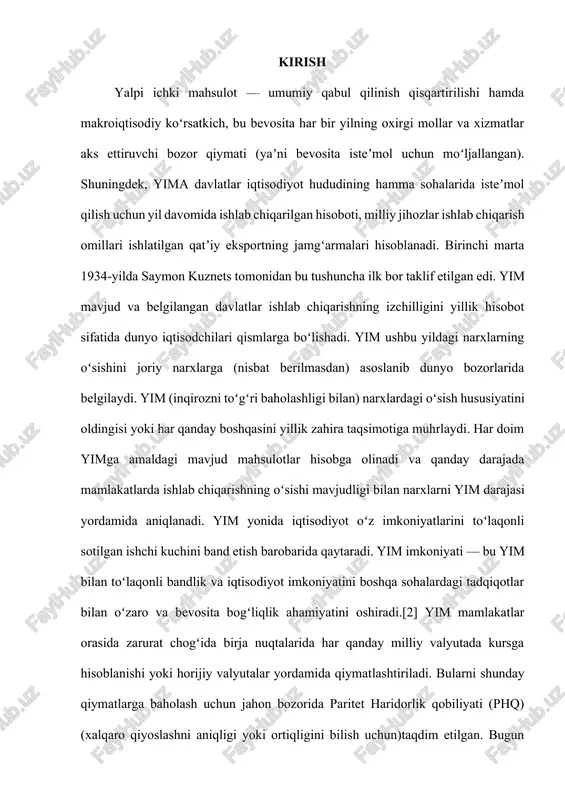 ortiqligini bilish uchun)taqdim etilgan. bugun "bozor qiymati" deb nomlanuvchi maʼlum miqdorda hisoblash yoki barqaror kattalikdagi mahsulotlar erkin jahon bozorida amal qila oladi.yalpi ichki mahsulot mamlakat iqtisodiy faoliyatining muayyan davr (oy, chorak, yil) davomidagi umumiy natijalarini tavsiflaydigan koʻrsatkich ham hisoblanadi. mamlakat hududida joylashgan barcha korxonalar (chet el va qoʻshma korxonalari ham shu hisobga kiradi) tomonidan jami ishlab chiqarish omillari bilan ishlab chiqarilgan tovarlar va xizmatlarning bozor qiymatlaridagi ifodasi boʻlib, uning miqdori milliy hisoblar tizimi asosida hisoblab chiqiladi. mamlakat iqtisodiyotining rivojlanishini makrodarajada tavsiflash va tahlil etishda foydalaniladi.oʻzbekistonning yalpi ichki mahsuloti xalqaro valyuta fondining 2021-yildagi maʼlumotlariga koʻra, 318.5 trilion so'mni tashkil etadi.[4] milliy statistikada asosiy makroiqtisodiy koʻrsatkich sifatida yim yoki yalpi milliy mahsulot (ymm), hatto yalpi milliy daromad (ymd) ham qabul qilinishi mumkin. masalan, aqsh va yaponiyada yim emas, balki ymm asosiy makroiqtisodiy koʻrsatkich hisoblanadi. ammo bmtning milliy hisoblar tizimida yim birlamchi iqtisodiy koʻrsatkich boʻlib xizmat qiladi. miqdor jihatdan bu koʻrsatkichlar oʻrtasidagi tafovut …