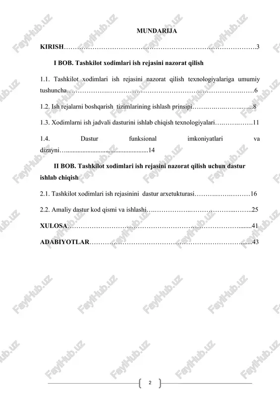 gik maqsad va vazifalarni bajarolmasligi mumkin. ayniqsa, hozirgi globallashuv davrida har bir tashkilot ichki ishlarining shaffofligini ta’minlash, mehnat unumdorligini oshirish, vaqtdan oqilona foydalanish hamda xodimlar ishini aniq mezonlar asosida baholash imkoniyatlariga ega bo‘lishi zarur. shu sababli, tashkilotlar uchun xodimlarning ish rejasini tuzish, ularning faoliyatini kuzatib borish va natijalar asosida tahlil qilish imkonini beruvchi axborot tizimlarini joriy etish dolzarb masalaga aylangan. bunday tizimlar yordamida tashkilot rahbariyati har bir xodimga kunlik, haftalik yoki oylik topshiriqlarni belgilangan muddatda yuklab bera oladi, ularning bajarilish holatini real vaqt rejimida kuzatib boradi, o‘z vaqtida eslatmalar va ogohlantirishlar yuboradi, va eng asosiysi — yakuniy natijalarni tahlil qilib, xulosa chiqarish imkoniyatiga ega bo‘ladi. natijada, tashkilot ichida intizom mustahkamlanadi, har bir xodim o‘z vazifasiga mas’uliyat bilan yondashadi, rahbariyat esa strategik qarorlar qabul qilishda aniq va ishonchli ma’lumotlarga tayana oladi. shu bilan birga, xodimlar faoliyatining shaffof va doimiy nazorat qilinib borilishi, ularga berilgan topshiriqlarning bajarilishiga qarab rag‘batlantirish yoki intizomiy chora …
