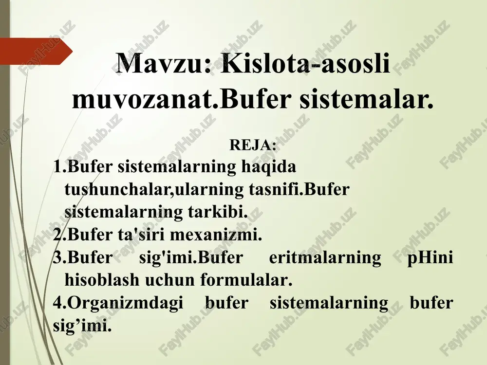 ofiq, sirka kislota konsentratsiyasining ortishi bilan uning dissotsilanish darajasi pasayadi, buning natijasida esa buferdagi h+ ionlarining konsentratsiyasi kam o‘zgaradi. ko’riladigan bufer sistemalar. ch3cooh + ch3coona - atsetatli bufer sistema nh4oh + nh4cl - ammiakli bufer sistema h2co3 + nahco3 - gidrokarbonatli bufer sistema nah2po4 + na2hpo4 - fosfatli bufer sistema ptcooh + ptcoona - oqsilli bufer sistema hhb + khb - gemoglobinli bufer sistema hhbo2 + khbo2 - oksigemoglobinli bufer sistema bufer sistemalarning ta’sir mexanizmi. bufer eritmaga ishqor qo‘shilganda vodorod ionlarining konsentratsiyasi va ph ham kam o‘zgaradi. ayni vaqtda ishqor buferning boshqa tarkibiy qismi (ch3cooh) bilan neytrallanish reaksiyasiga kirishadi: ch3cooh+na++oh- →ch3coo- +na++h2o buning natijasida qo‘shilgan ishqor reaksiya muhitiga birmuncha kam ta’sir qiladigan kuchsiz asos tuzining ekvivalent miqdori bilan almashtiriladi (gidrolizga qarang) ana shu tuzning dissotsiyalanishidan hosil bo‘ladigan ch3coo- anionlari sirka kislota dissotsilanishiga birmuncha susaytiruvchi ta’sir ko‘rsatadi. kislotali bufer sistema uchun genderson-gasselbah tenglamasi ch3cooh ch3coo- + h+ ch3coona ch3coo- + na+ …