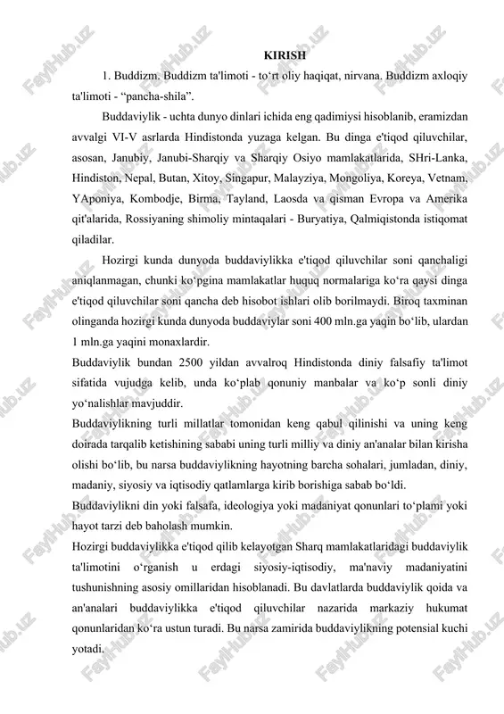 ylikni din yoki falsafa, ideologiya yoki madaniyat qonunlari to‘plami yoki hayot tarzi deb baholash mumkin. hozirgi buddaviylikka e'tiqod qilib kelayotgan sharq mamlakatlaridagi buddaviylik ta'limotini o‘rganish u erdagi siyosiy-iqtisodiy, ma'naviy madaniyatini tushunishning asosiy omillaridan hisoblanadi. bu davlatlarda buddaviylik qoida va an'analari buddaviylikka e'tiqod qiluvchilar nazarida markaziy hukumat qonunlaridan ko‘ra ustun turadi. bu narsa zamirida buddaviylikning potensial kuchi yotadi. buddaviylik asoschisining shaxsi. buddaviylik asoschisi haqiqiy tarixiy shaxsdir. bu ko‘plab buddaviylik bilan shug‘ullangan tadqiqotchi olimlar bizgacha etib kelgan manbalar asosida isbot qilganlar. buddaviylik asoschisi haqida xabar beruvchi folklor va badiiy adabiyotlar uni siddxarta, gautama, shakyamuni, budda, tadxagata, djipa, bxagavan kabi ismlar bilan zikr etadilar. bu ismlarning ma'nolari quyidagicha: siddxartxa - shaxsiy ismi, gautama - urug‘ ismi, shakyamuni - shaklar yoki shakiya qabilasidan chiqqan donishmand, budda - nurlangan, tadxagata - shunday qilib shunday ketgan, djina - g‘olib, bxagavan - tantana qiluvchi. bu ismlar ichida eng mashhuri budda ismi bo‘lib, shu ismdan uning diniga buddaviylik …