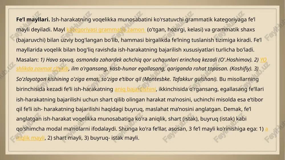 (-man shaxs-son affiksi) aniq bajarilishini anglatadi. aniqlik maylidagi fe’llar i-ii guruh tuslovchi affikslar bilan tuslanadi.shaxs va predmetning ish-harakati va holatini ifodalaydigan mustaqil so'zlar fe’l deyiladi. masalan: men olimlarga, ilohiyotchilarga, tarixshunoslarga hurmat- ehtirom ko'rscudim va e’zozladim. (a.temur). mehnat insonda ijodiy kuch uyg'otadi (tafakkur jurnali). grammatikada harakat va holat tushunchasi juda keng. fe’l holat, belgining yuzaga kelishi, o'zgarishi kabi jarayonlarni ham harakat tarzida anglatadi: o'rikgulladi, yaproqlar sarg'aydi, bola uxlayapti kabi. fe’l quyidagi grammatik ko`rsatkichlarga ega: ma’no turlari bilan ifodaladi. zamon kategoriyasi mavjud. nisbat va mayl kategoriyasini ko`rsatadi. bo`lishli va bo`lishsiz shakllariga ega. o`timli va o`timsiz bo`ladi. to`liqsiz fe’l shakllari ham mavjud. fe’lning ma’no turlari. fe’l dastlab ikkiga bo`linadi: harakat fe’llari va holat fe’llari. shaxs, jonivor, narsa va boshqa tushunchalarning harakati asosida yuzaga kelgan fe’llar harakat fe’llari deyiladi: kuldi, tishladi, ushladi, salomlashdi, siljidi. narsaning bir holatdan ikkinchi holatga o`tishidan yoki insonning his- tuyg`ulari asosida yuzaga kelgan fe’llar holat fe’llari deyiladi. fe’llarda zamon ko`rsatkichi. …