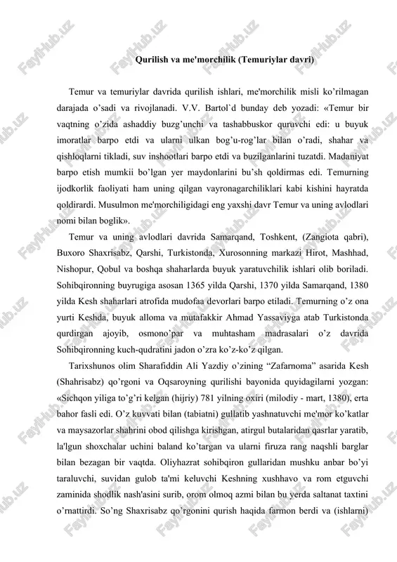 o’yi taraluvchi, suvidan gulob ta'mi keluvchi keshning xushhavo va rom etguvchi zaminida shodlik nash'asini surib, orom olmoq azmi bilan bu yerda saltanat taxtini o’rnattirdi. so’ng shaxrisabz qo’rgonini qurish haqida farmon berdi va (ishlarni) amirlaru lashkar axli o’rtasida taksimladi. qo’rg’on qurilishi uchun munosib keluvchi saodatli soatda uning poydevorini qurdilar. shahar ichida esa qazoyu qadardek bajarilishi so’zsiz bo’lgan farmonga binoan bir qasr bunyodiga asos soldilar. she'r: uning ko’ngirasining balandligi shu darajaga yetdiki, (hasaddan) osmon ko’zidan yosh (yuldo’z)lar to’ktirdi. qora tunda uning devorlari chunonam oppok bo’lib ko’rinardiki, xatto muazzimlar tong otibdi deb gumon qilardilar. «nazar arqonini qanday qilib uning, tepasiga tashlasam ekanq» deb, uzoqni ko’ra oluvchi aqlu donish yuz bor xayolga cho’mdi. imorat shu qadar baland va favqulodda jozibali ediki… hatto keksa muhandis bo’lmish gardun shuncha yillar jahon atrofida aylangan bo’lishiga qaramay, bunday go’zal binoni ko’rmagan edi. she'r: yerdan samoga bosh ko’targan (bu saroyning) nomi sharafi «oqsaroy» deb ataldi». 1404 yilda amir temurning …